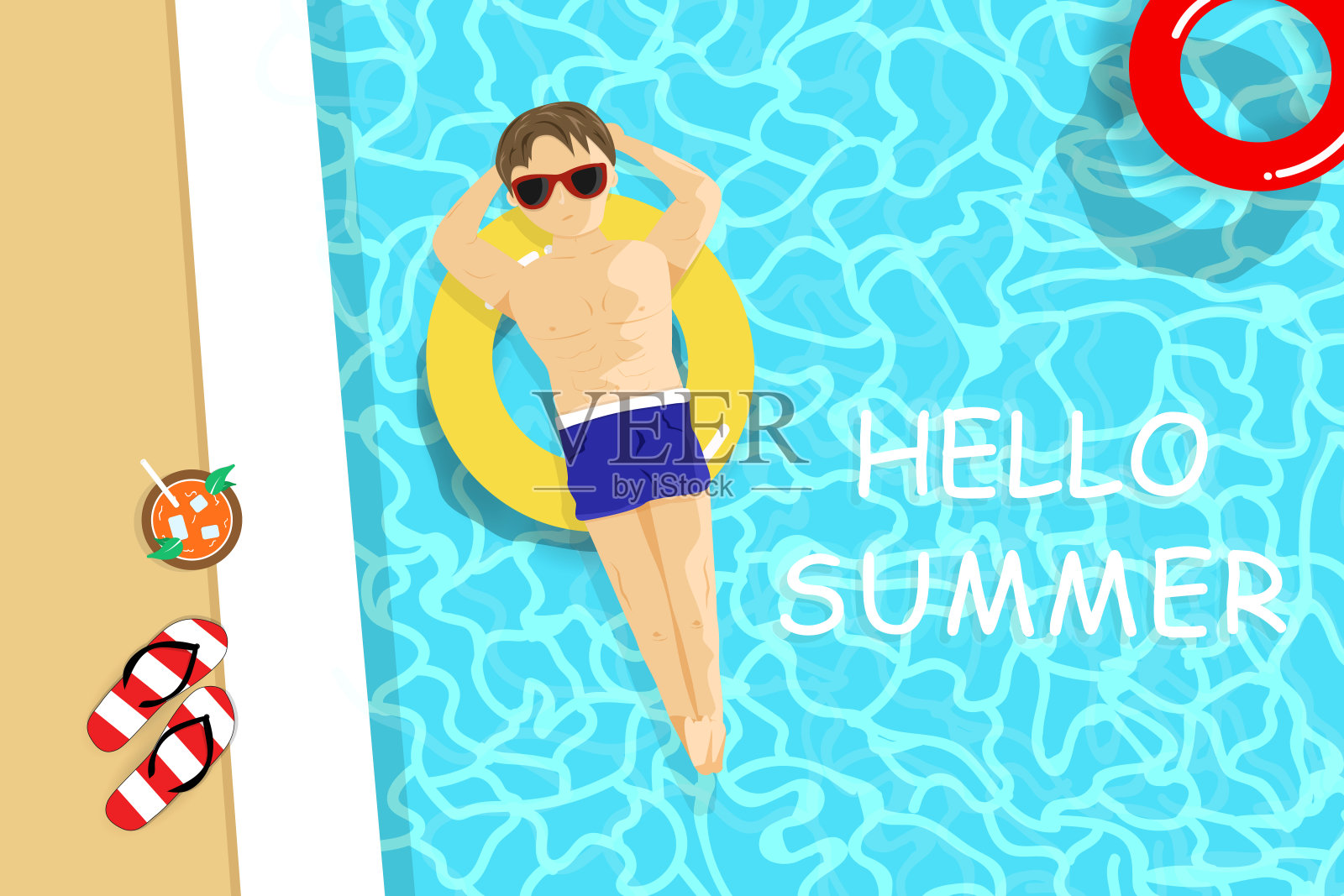 夏天，帅哥有日光浴顶景，游泳池，假期季节性假期，放松时间背景矢量插图插画图片素材