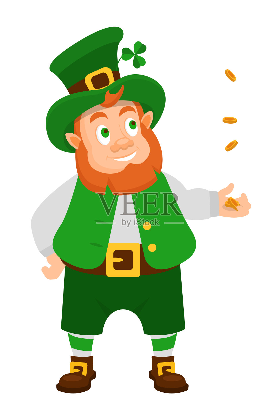 有趣的爱尔兰人物，小妖精，把金币抛向空中。设计元素图片