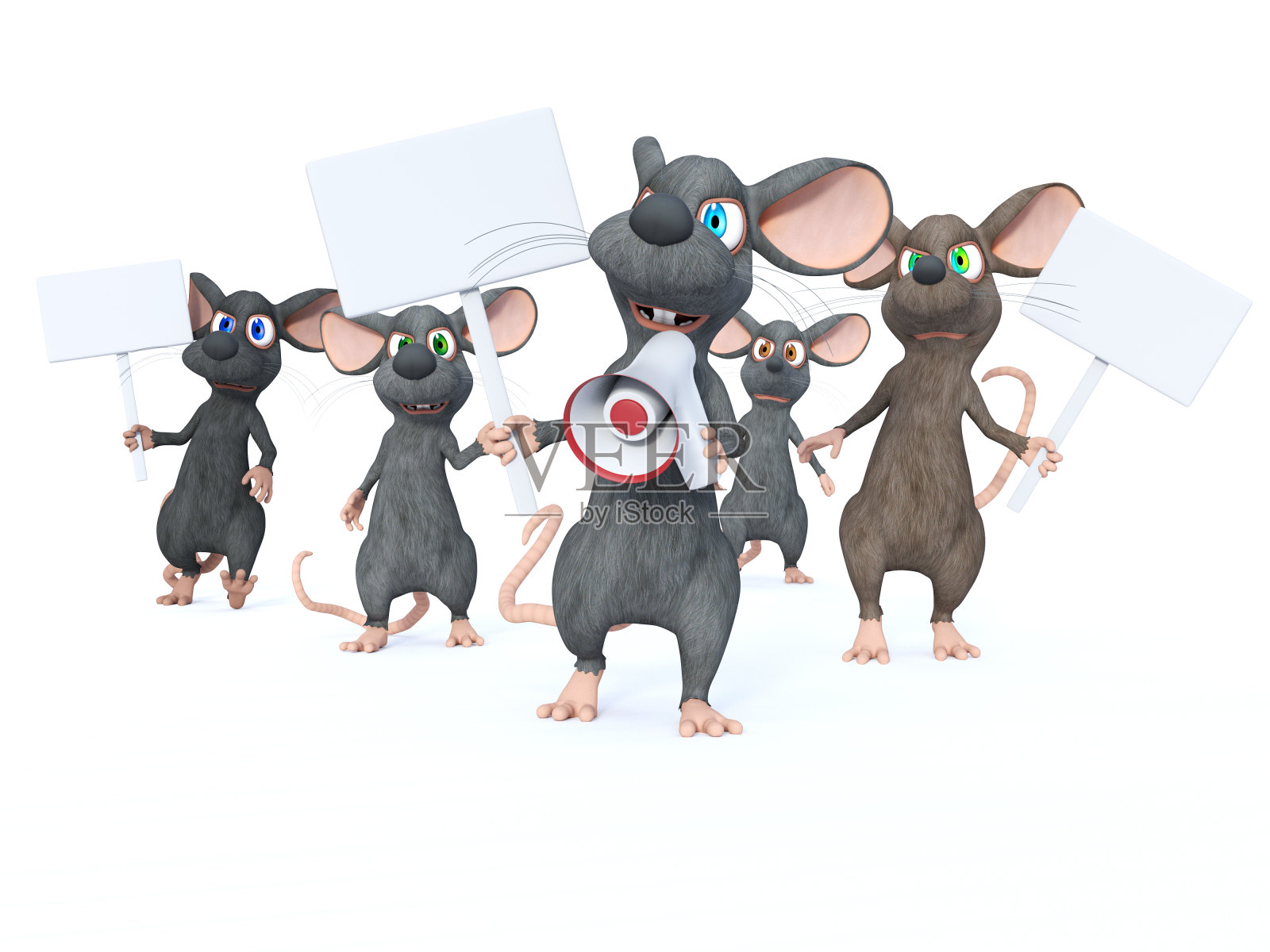 3D渲染的卡通老鼠罢工。照片摄影图片