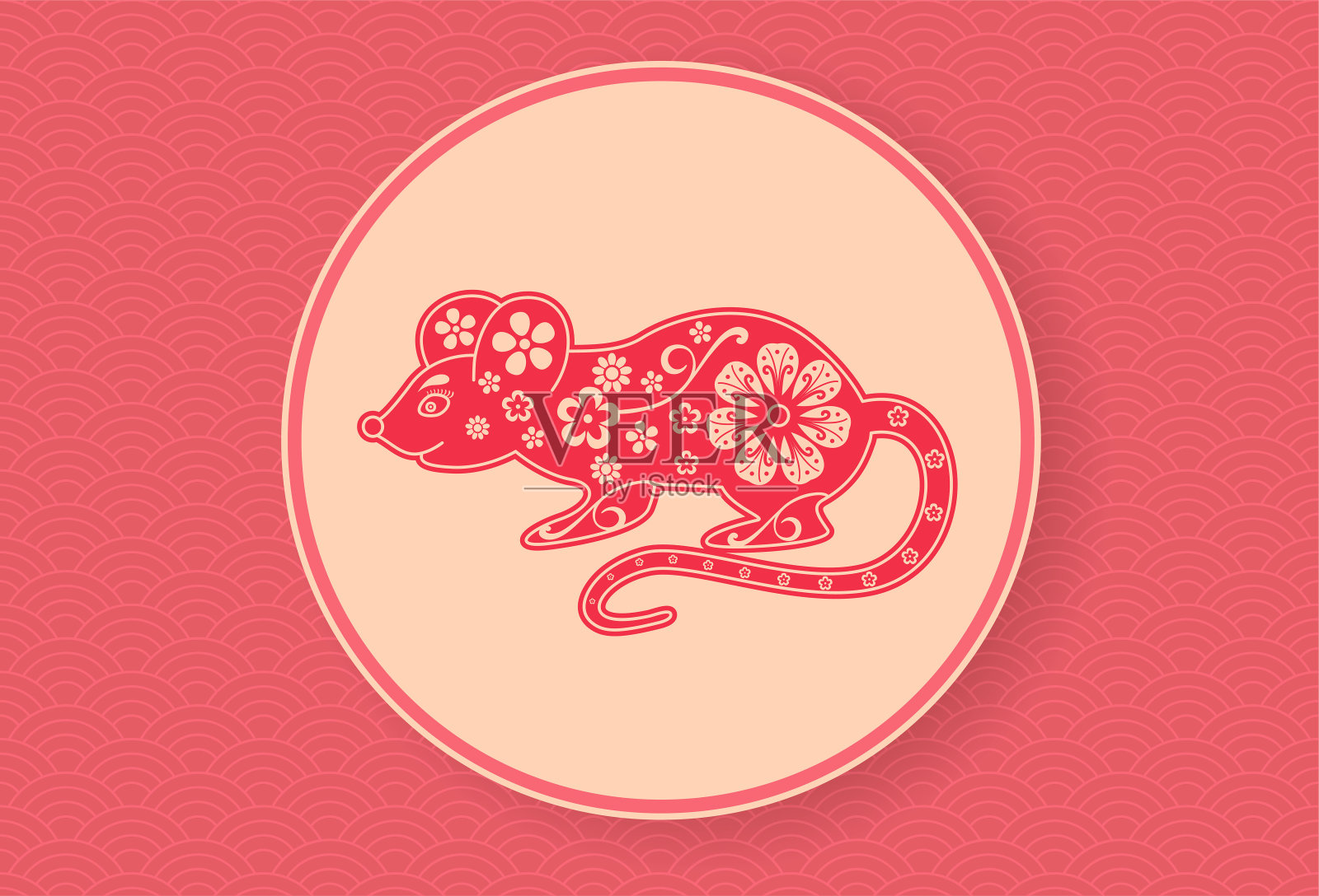 2020年中国的老鼠。农历新年横幅设计模板。红色的波浪模式。星座。抽象的花朵纹理。鼠标的剪影。星座的象征。珊瑚的颜色背景插画图片素材