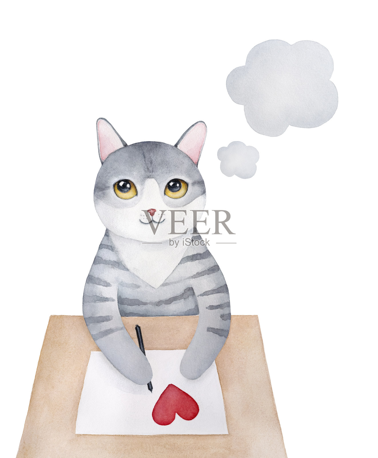 可爱的灰色小猫咪坐在木桌前，爪子握着黑色的笔，写着情书，微笑着想着心爱的时刻。插画图片素材