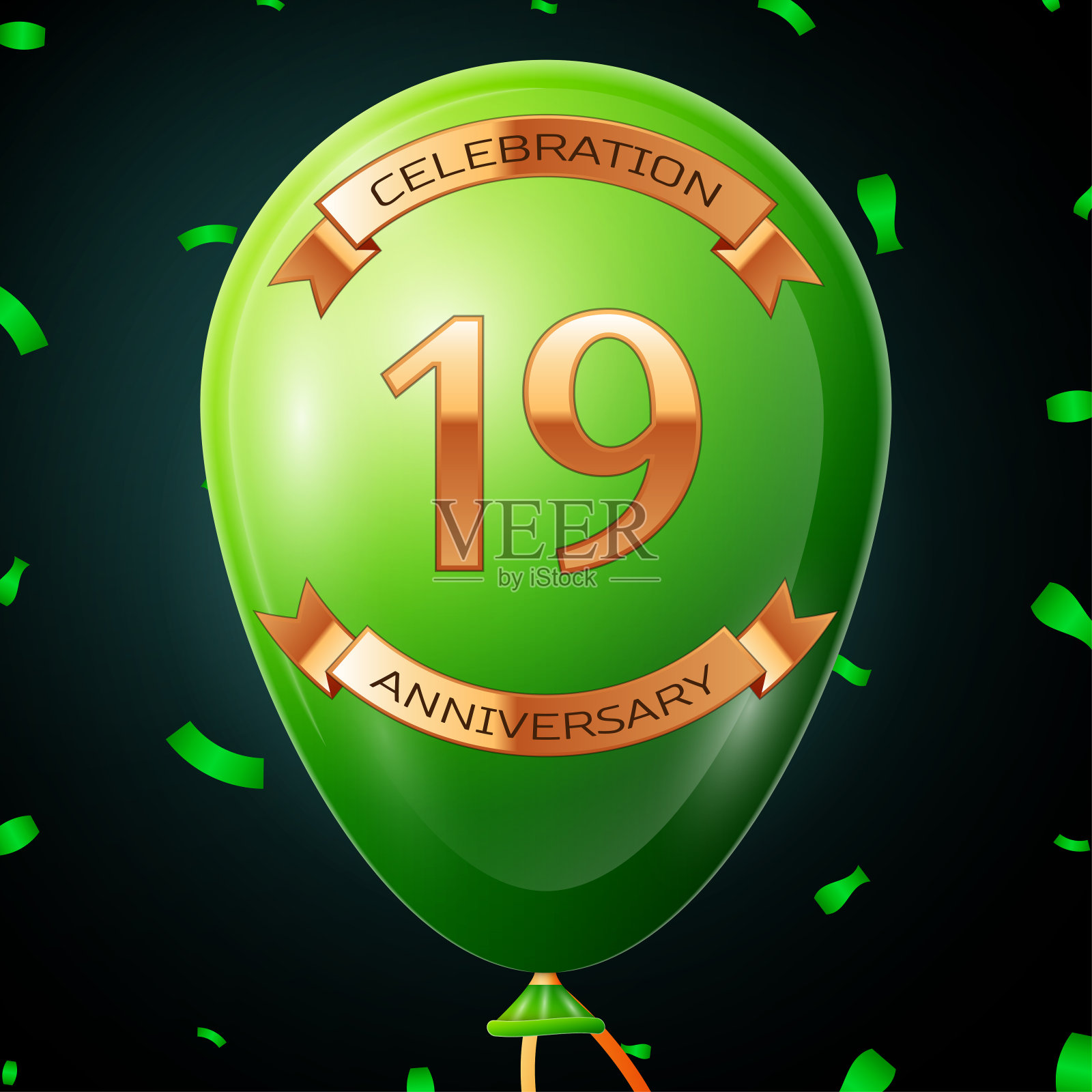 绿色的气球上刻有金色的题词，庆祝十九周年，金色的丝带，黑色的背景上有五彩纸屑。矢量图插画图片素材