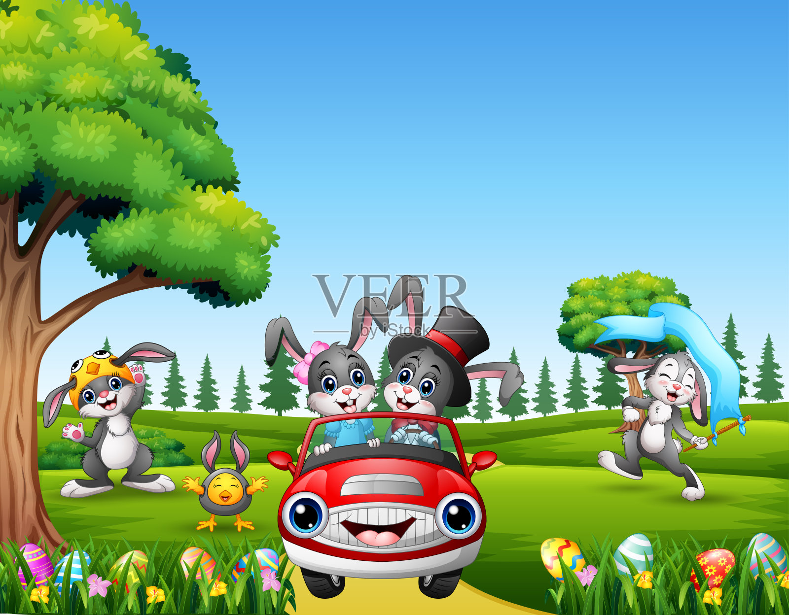 快乐的复活节兔子骑在美丽的自然上插画图片素材