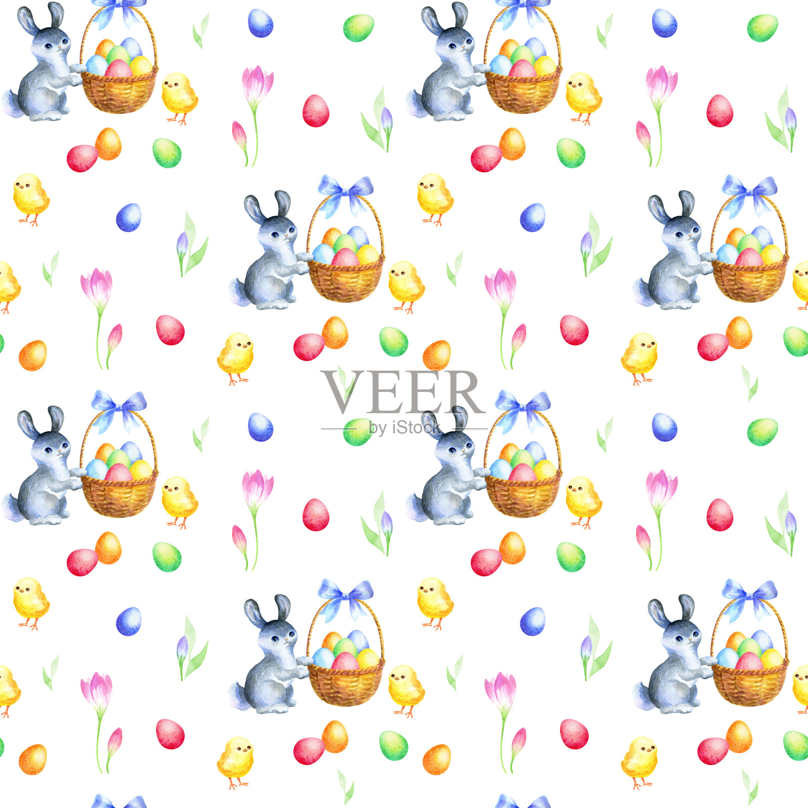 复活节无缝图案与手绘可爱的兔子，鸡，花和彩色蛋。水彩背景。插画图片素材