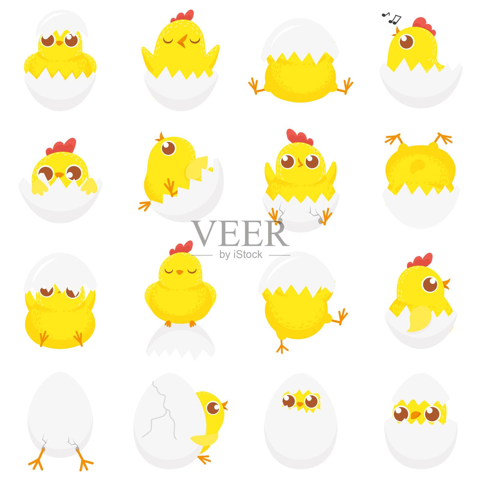 可爱的鸡蛋里的鸡。复活节小鸡，新生鸡在蛋壳和农场儿童孤立的小鸡卡通矢量插图集设计元素图片