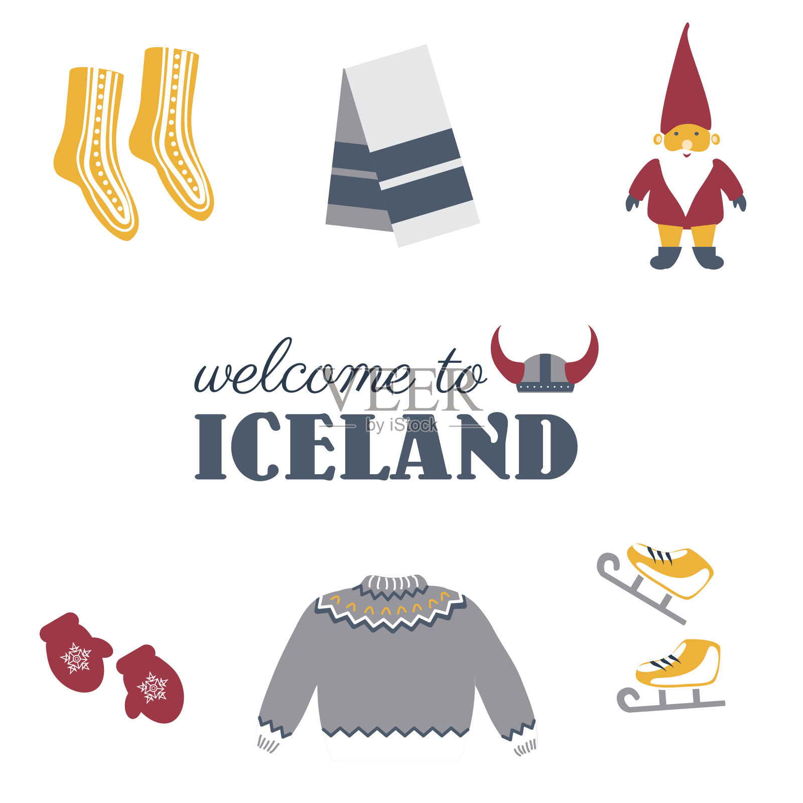 冰岛民族冬季服装，圣诞精灵，溜冰鞋孤立在白色，装饰羊毛衫，斯堪的纳维亚色彩符号，卡通平面风格的欧洲图标的旅游设计配饰集插画图片素材