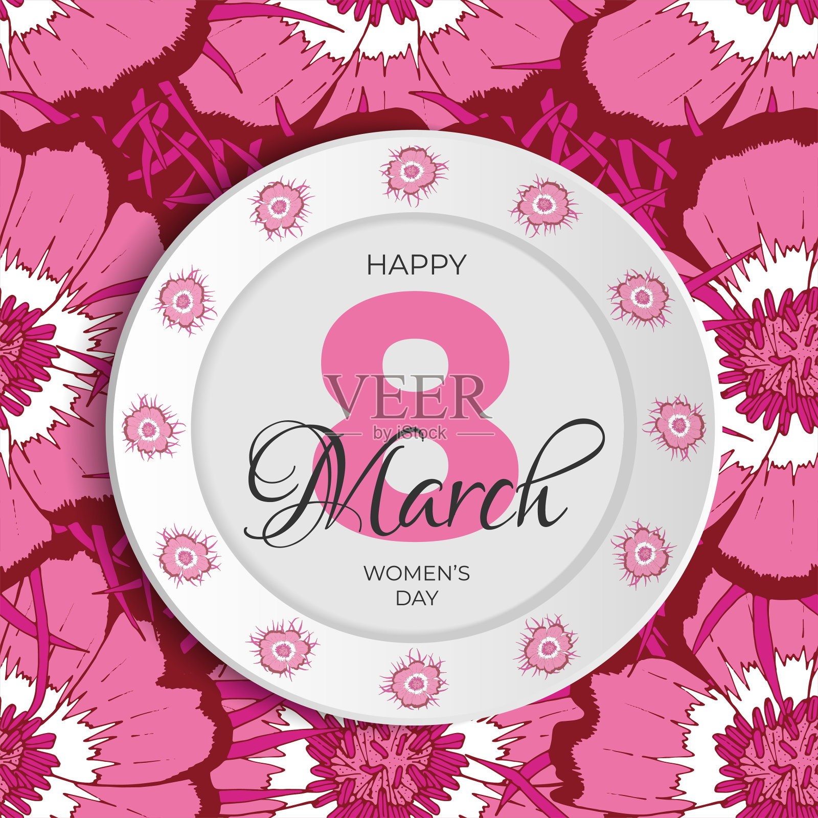 妇女节贺卡与数字八和白色盘子模型上的粉红色花朵无缝图案背景。3月8日字书法为国际女性节日横幅设计插画图片素材