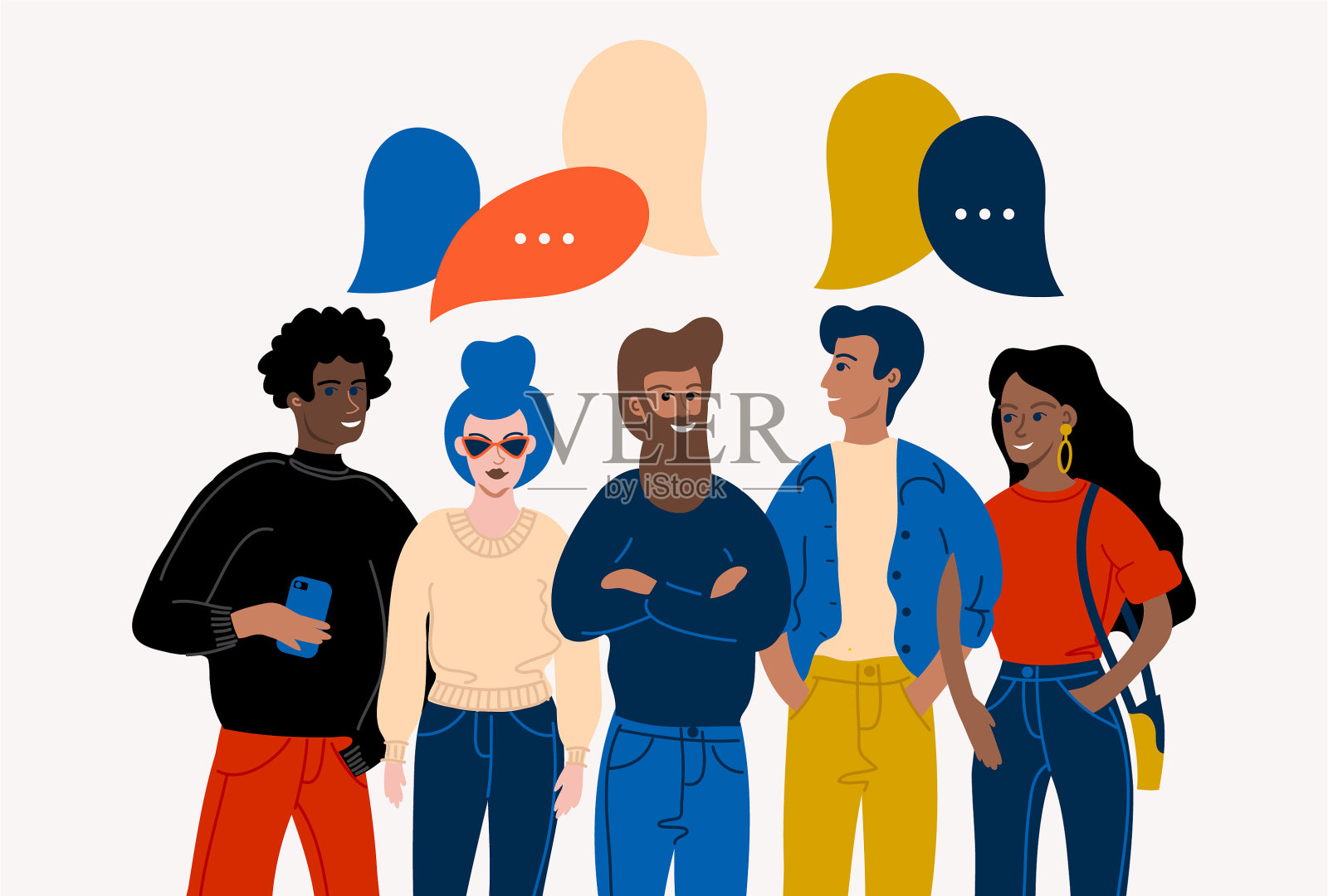 平面矢量插图与年轻人的角色与多彩的对话讲话气泡。讨论，聊天，对话，对话。插画图片素材