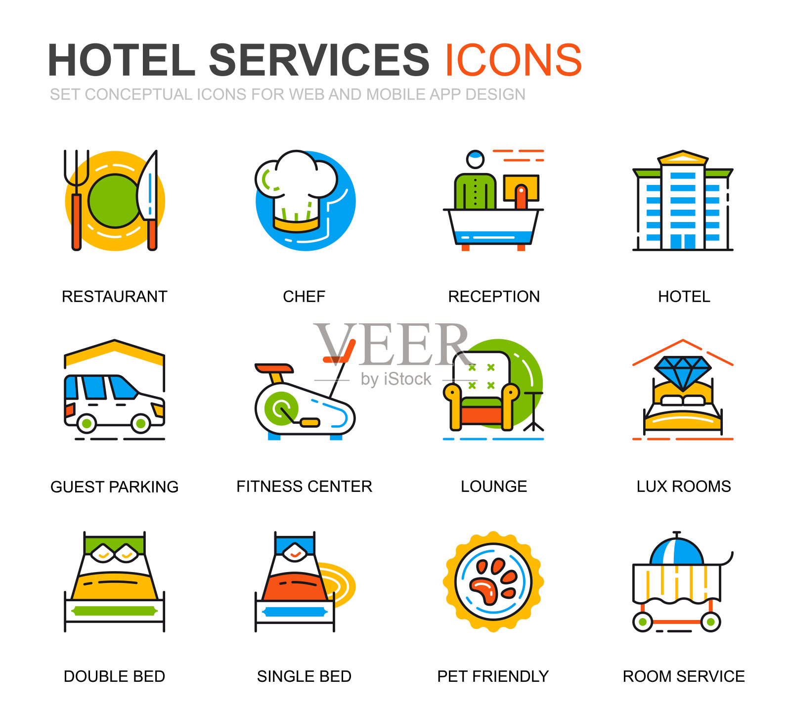 简单设置酒店服务线路图标的网站和移动应用程序。图标素材