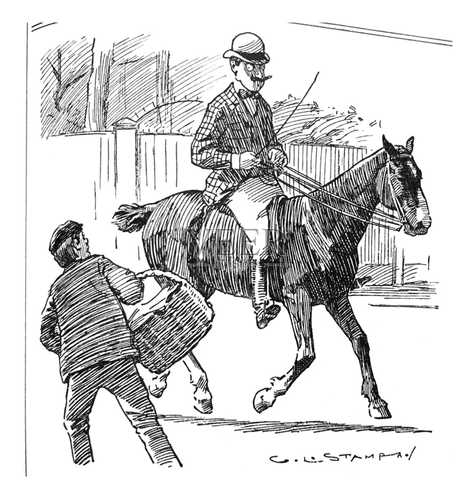 英国讽刺漫画卡通插图-男人骑着马与男人与篮子看-插图插画图片素材