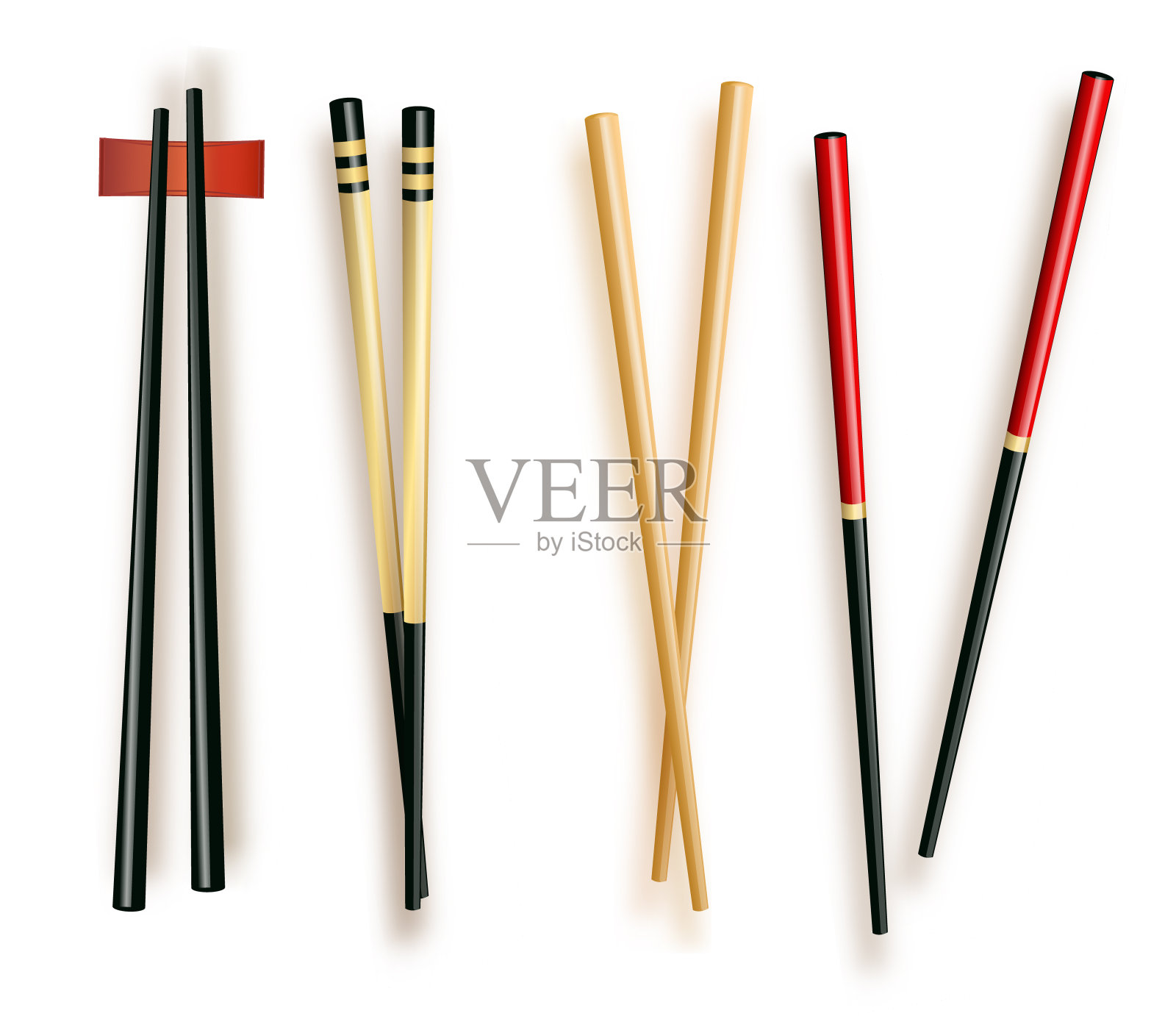 逼真的3d食物筷子设置不同类型。矢量插图的传统亚洲竹用具彩色筷子插画图片素材