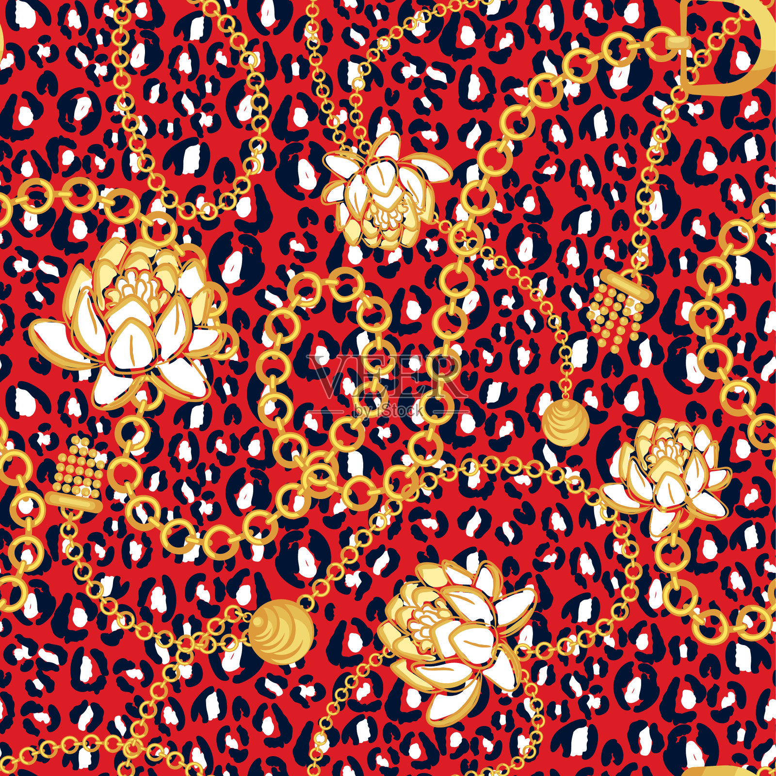 金链红网图案与大胆的花朵红豹皮时尚矢量设计。插画图片素材
