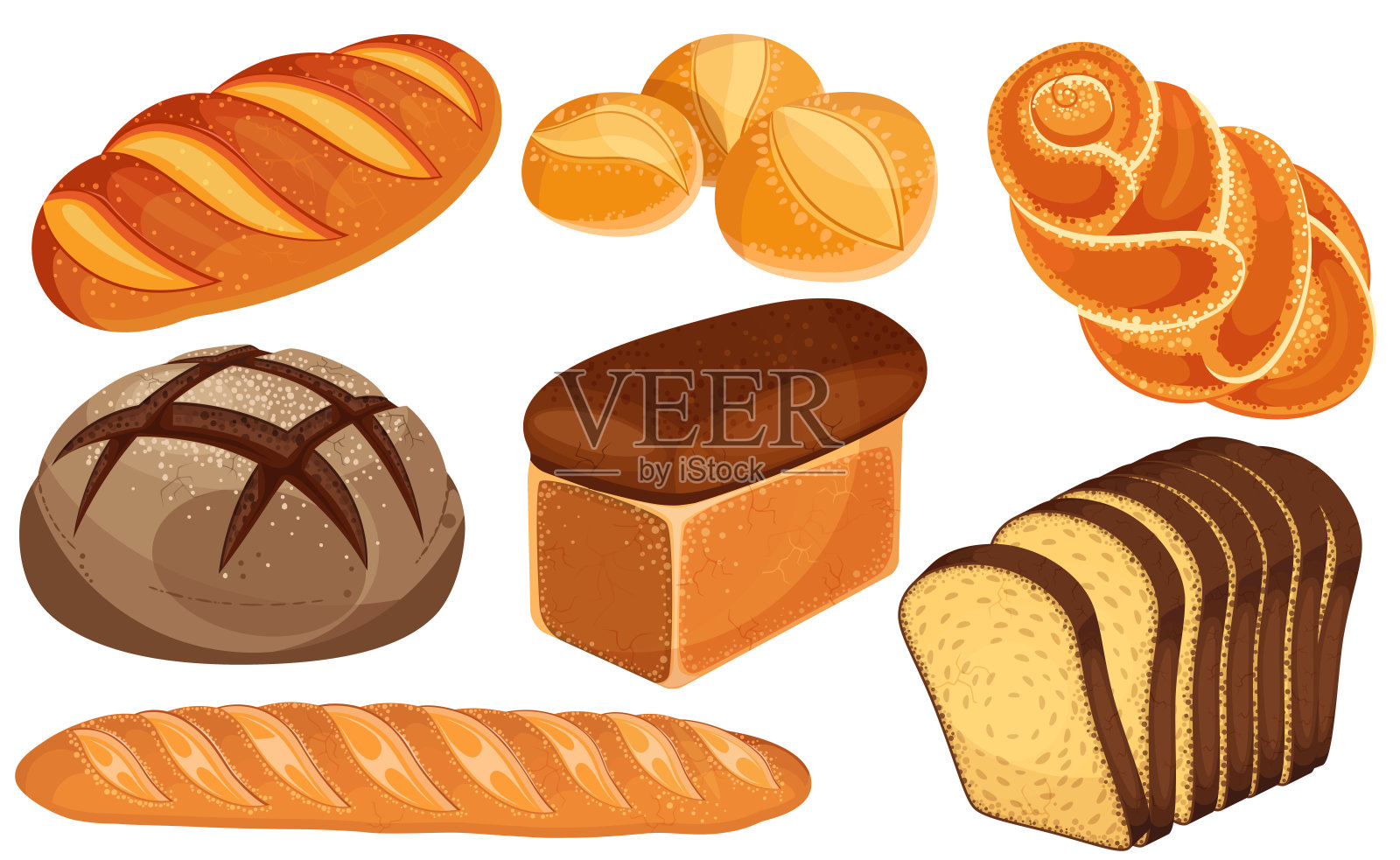面包的图标集。长面包，黑麦面包，长棍面包，小圆面包，白面包，切片面包，奶油蛋卷。插画图片素材