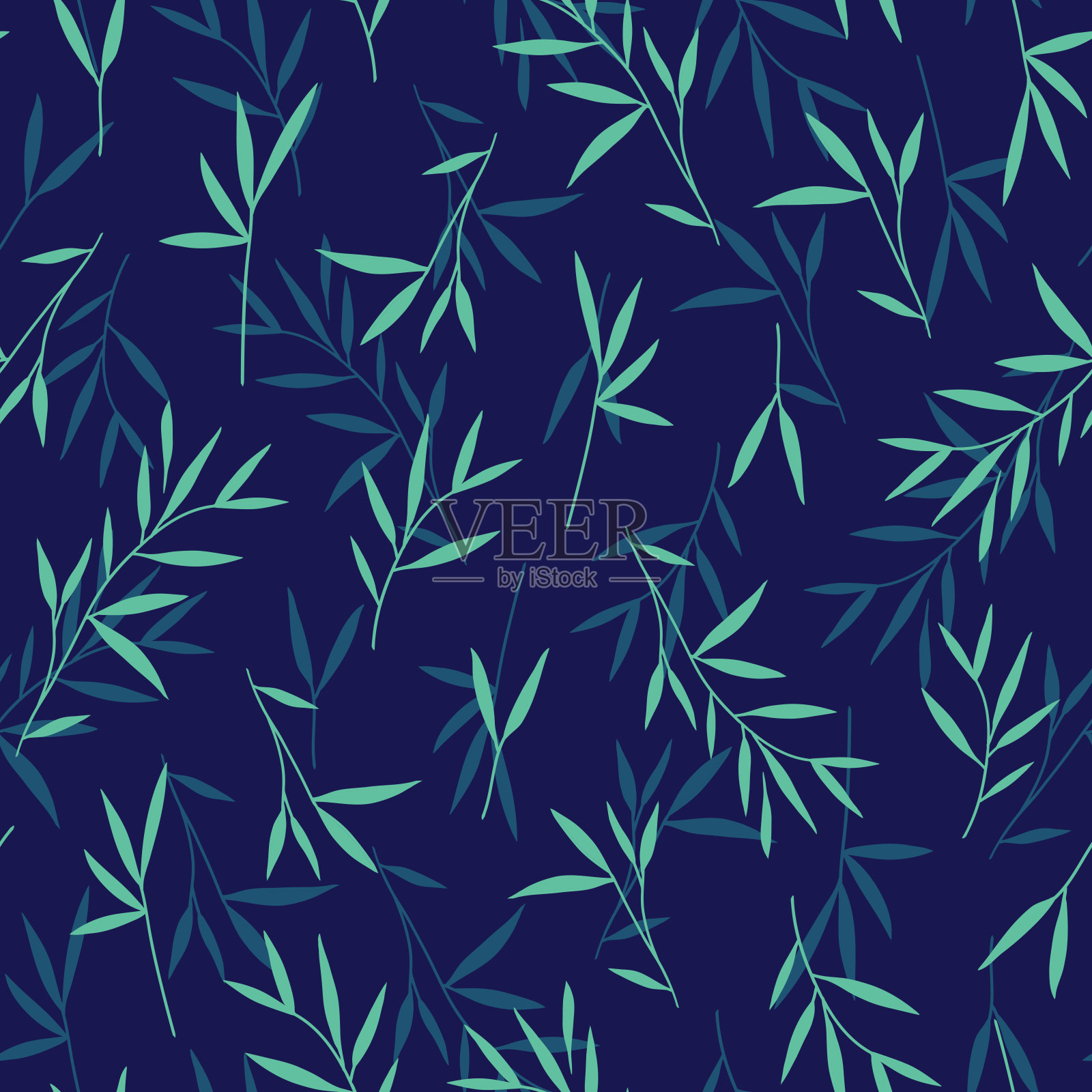 无缝漂亮的竹叶绿色图案。向量。插图。蓝色背景。插画图片素材