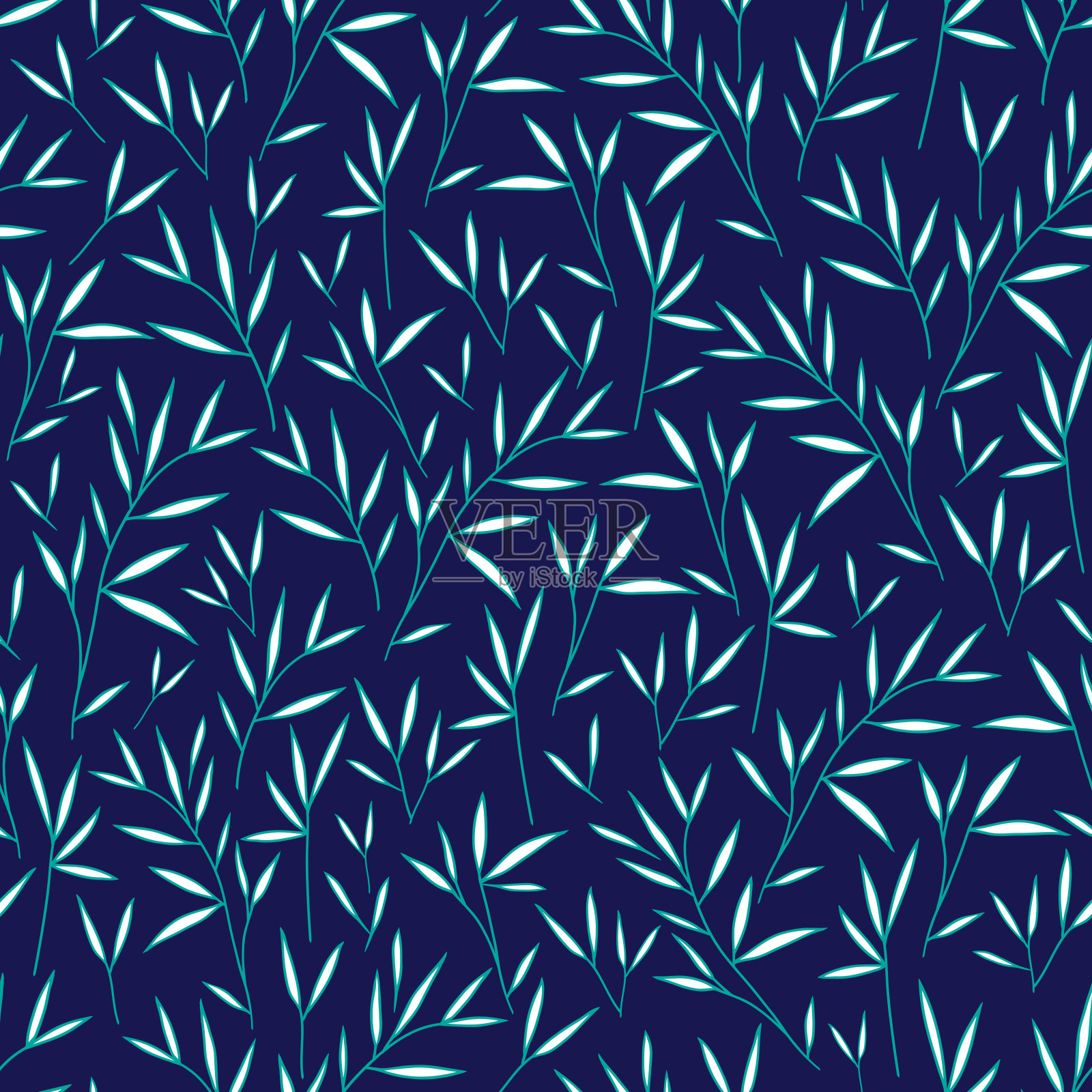无缝的竹叶白绿相间的图案。向量。插图。蓝色背景。插画图片素材