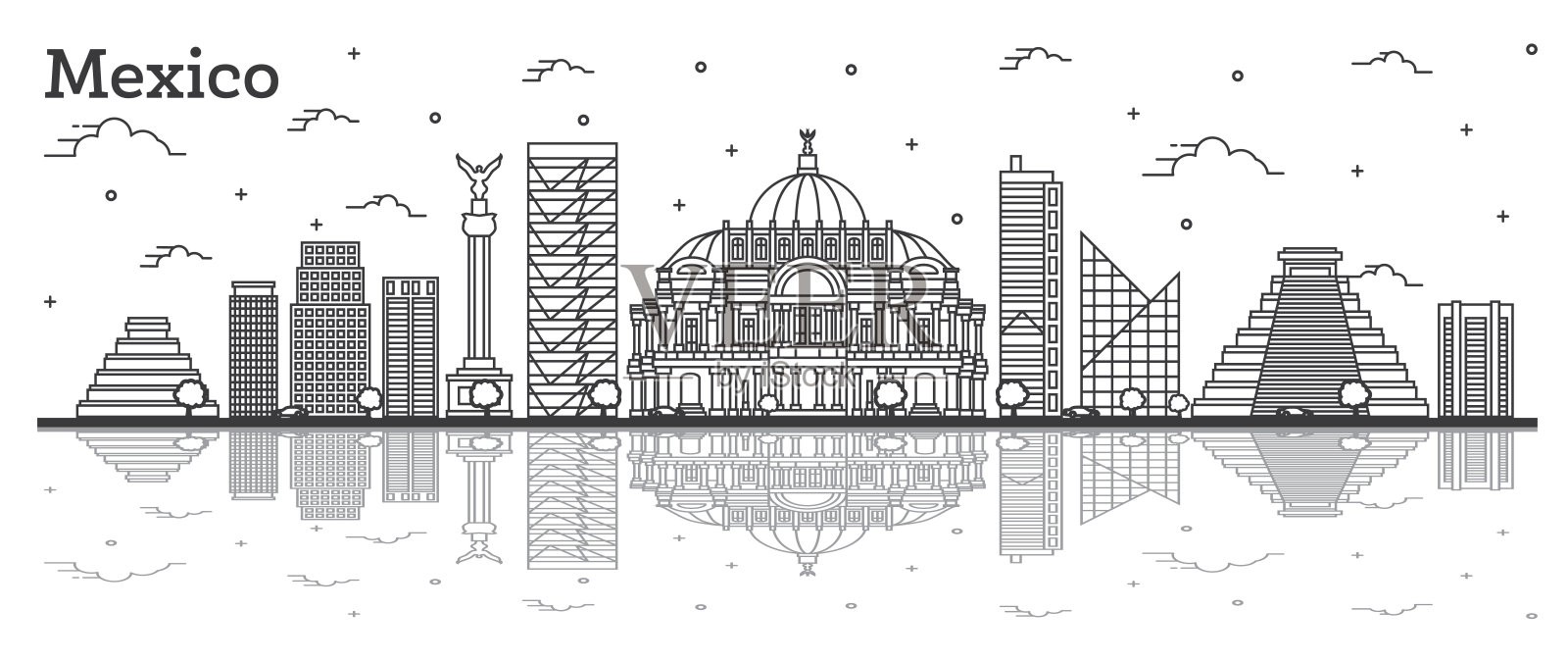 勾勒出墨西哥城市的天际线与历史建筑和反射孤立在白色。插画图片素材