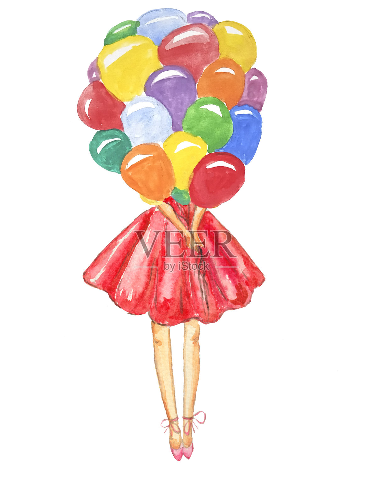 一个穿着红裙子的女孩拿着五颜六色的凝胶球。手绘设计元素图片