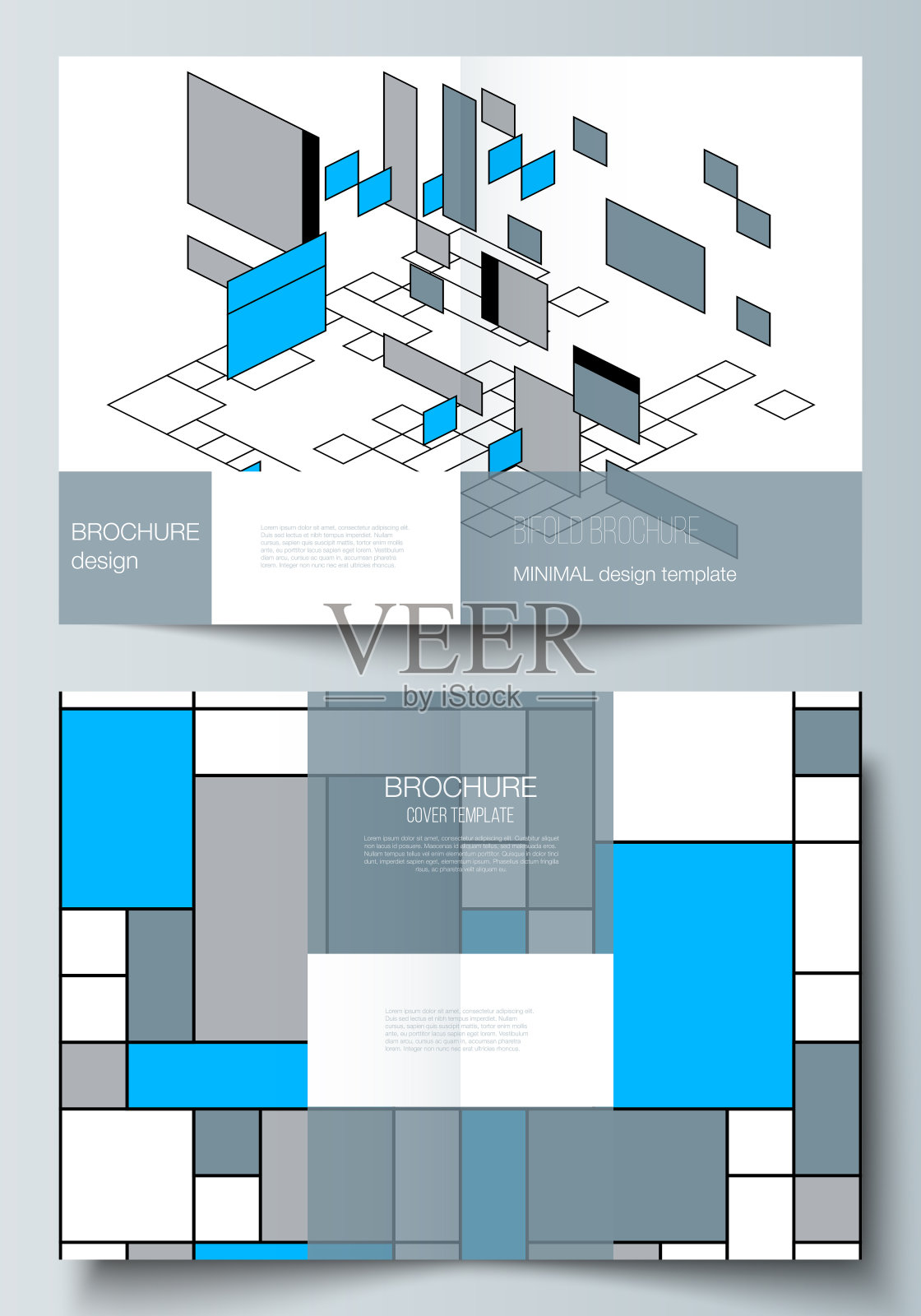 矢量布局的两个A4格式现代封面模型设计模板双折小册子，传单，小册子。抽象的多边形背景，彩色的马赛克图案，复古的包豪斯风格设计。设计模板素材