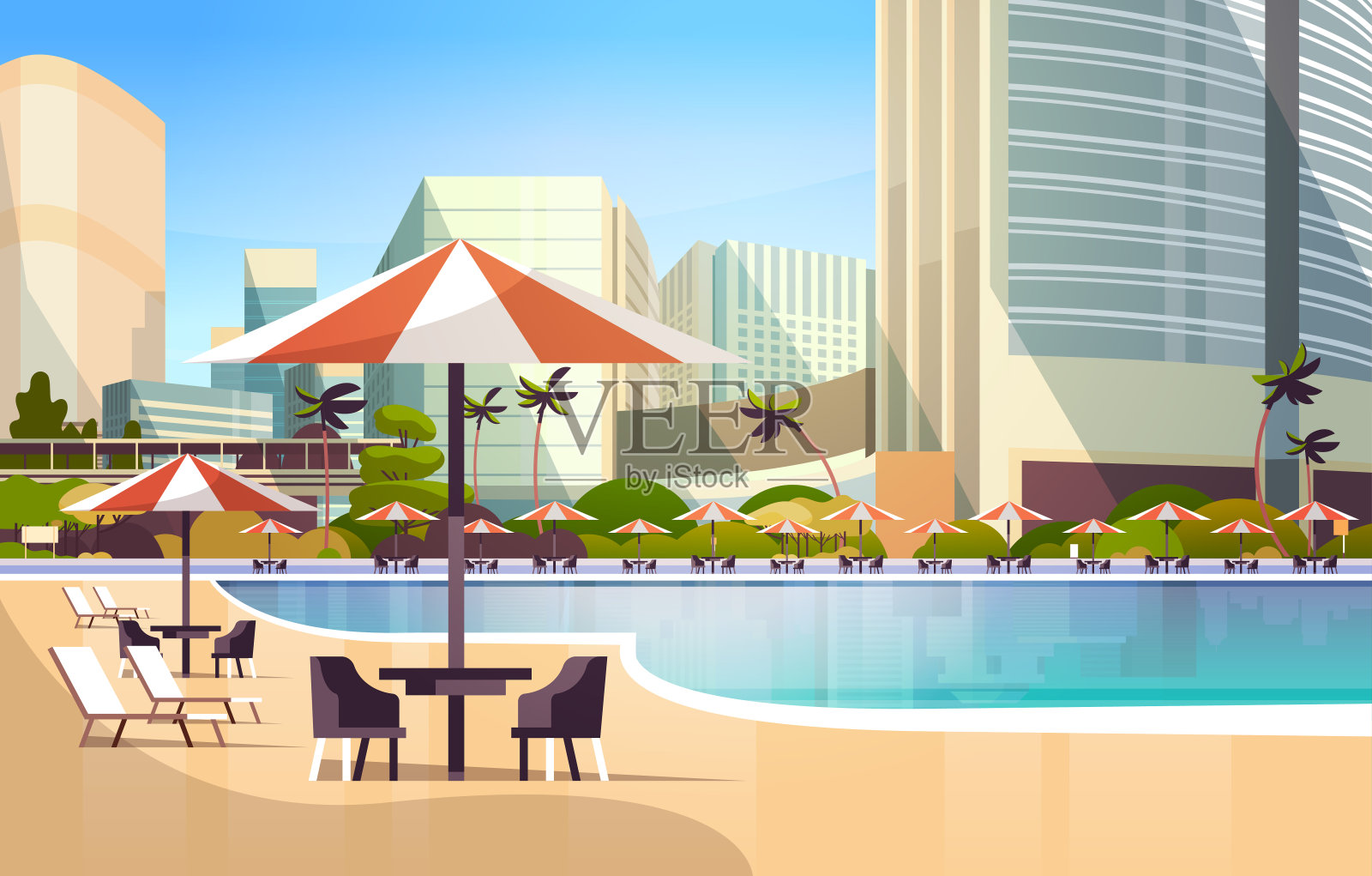 豪华城市酒店游泳池度假村与雨伞桌椅餐厅家具围绕夏季度假概念城市景观背景水平矢量插图插画图片素材