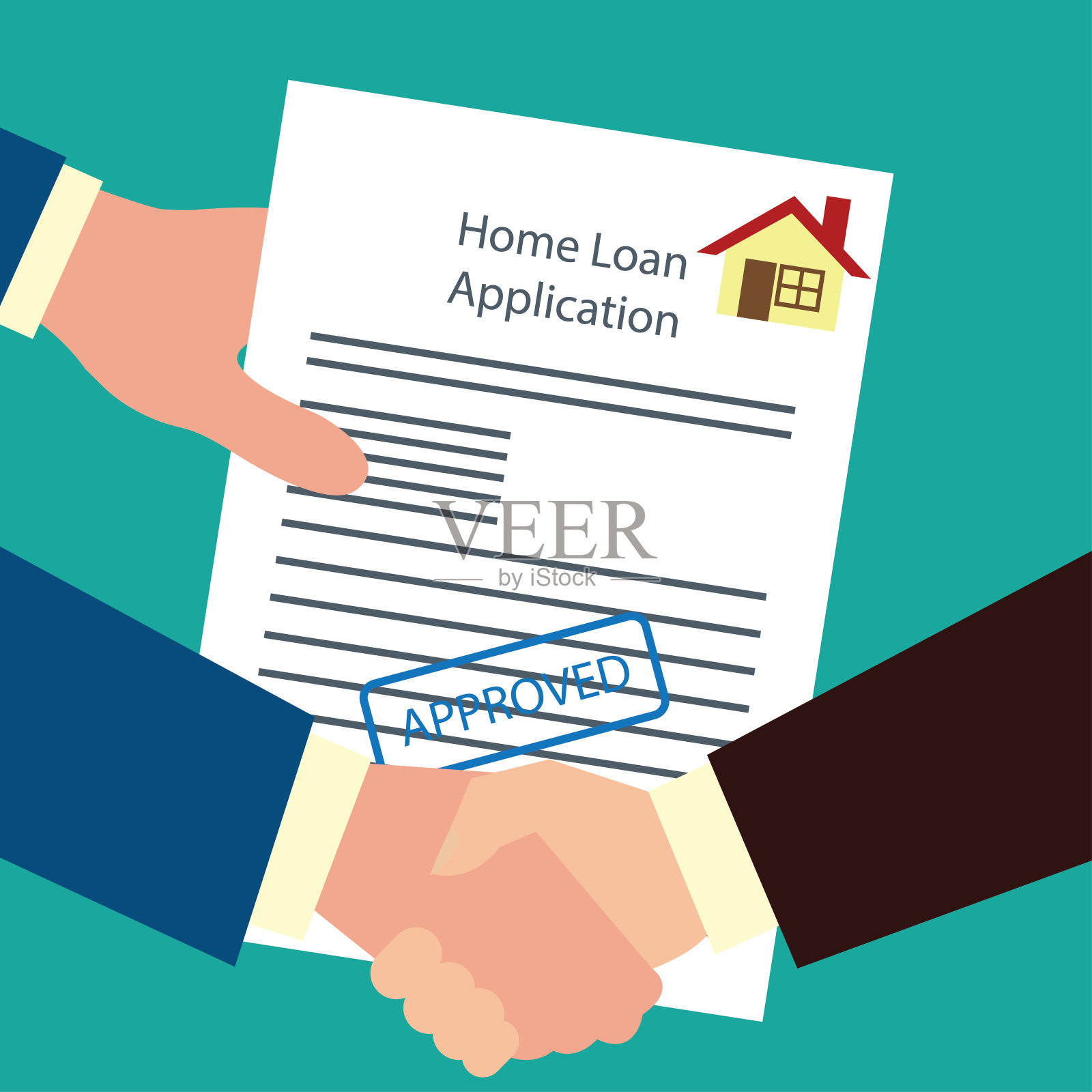 男子手持房屋贷款协议表格，批准申请概念贷款。矢量图插画图片素材