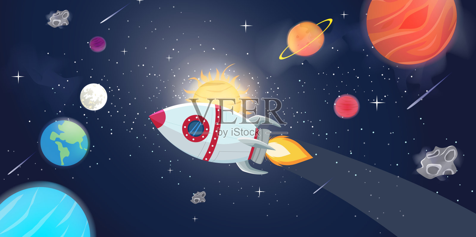 飞行火箭与太空星系和行星的插图插画图片素材