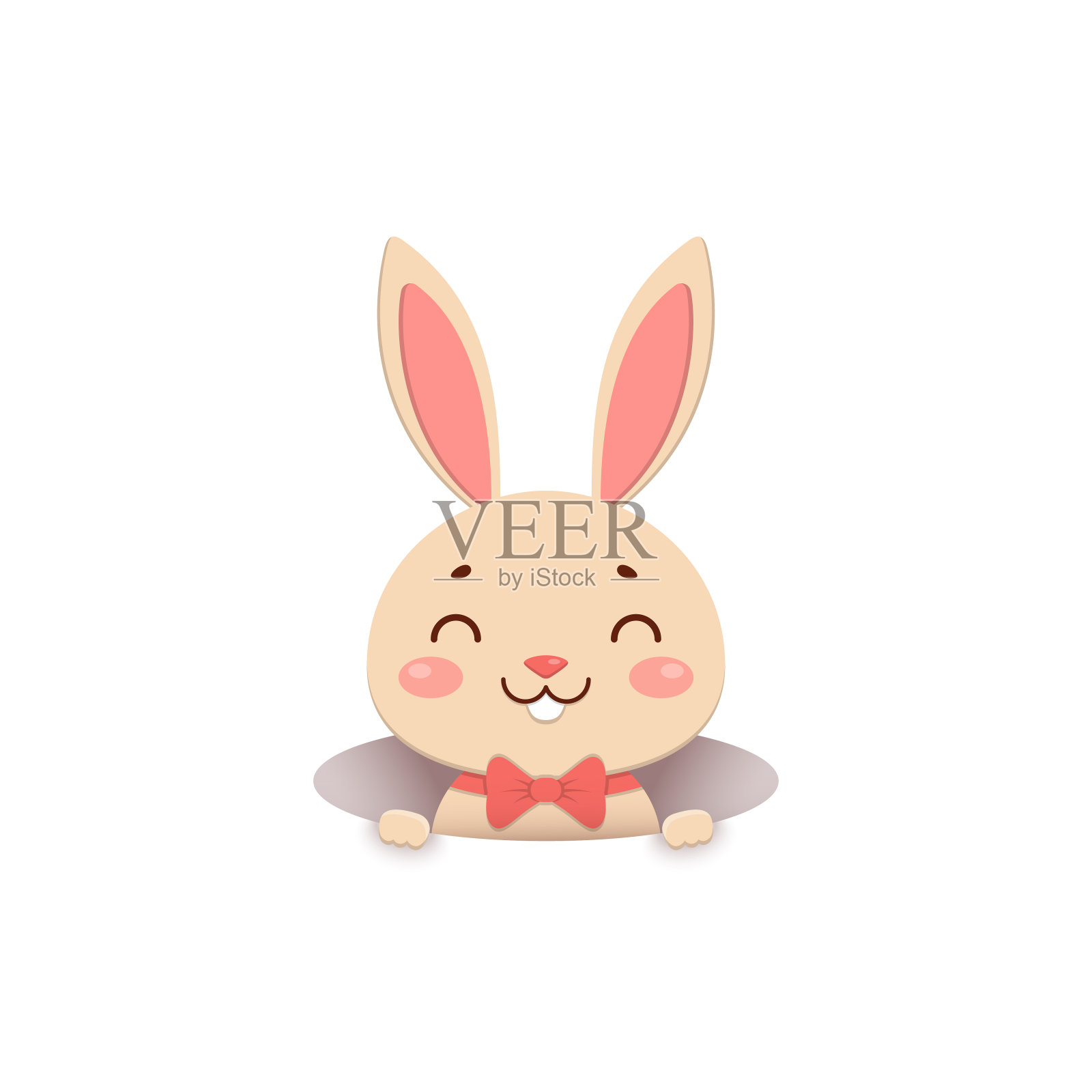 一只可爱的卡通兔子戴着红色的领结从洞里往外看，微笑着。孤立在白色背景上。设计元素图片
