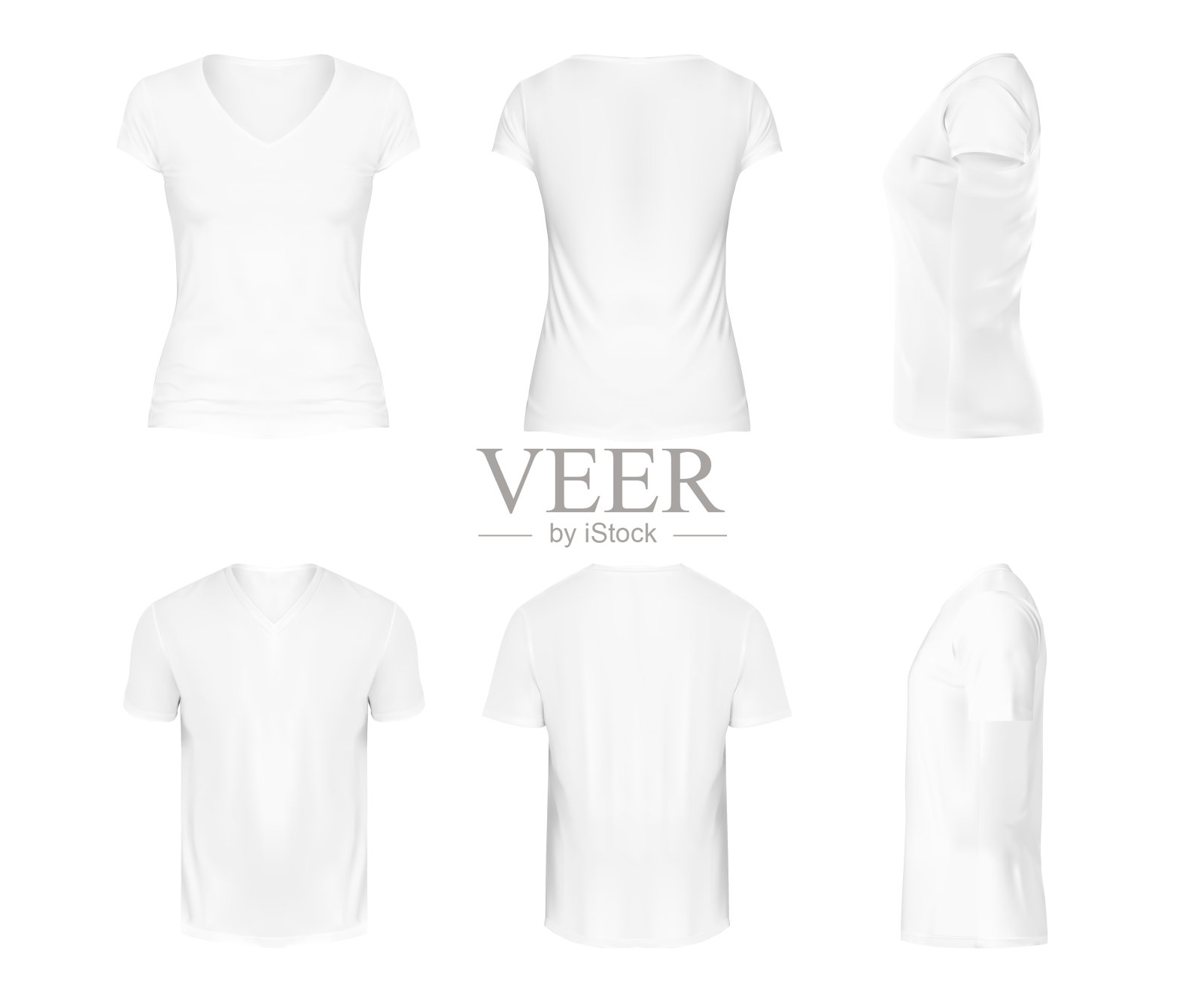 向量现实设置白色v领短袖t恤，运动服，足球或橄榄球运动制服孤立在白色背景。服装设计模型，正面，背面和侧视图插画图片素材
