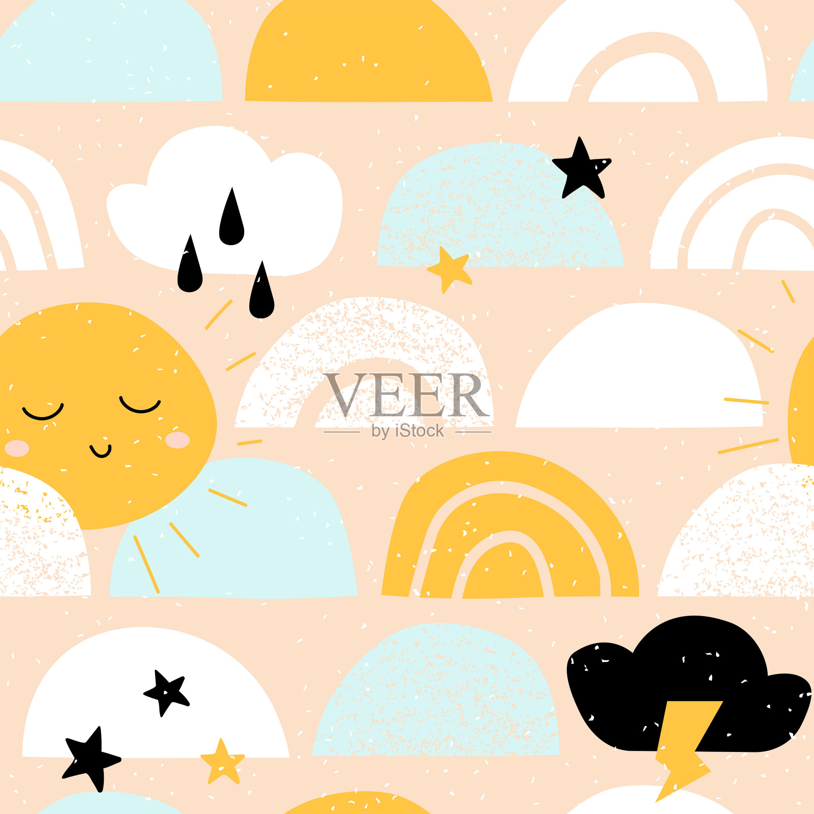 可爱的宝宝，太阳，彩虹，星星，云彩无缝图案。向量幼稚的背景在斯堪的纳维亚风格。插画图片素材
