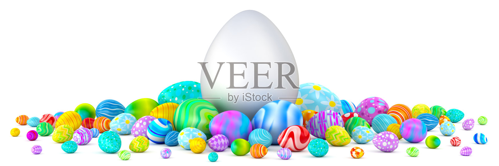 一堆彩色的复活节彩蛋围绕着一个巨大的白色蛋照片摄影图片