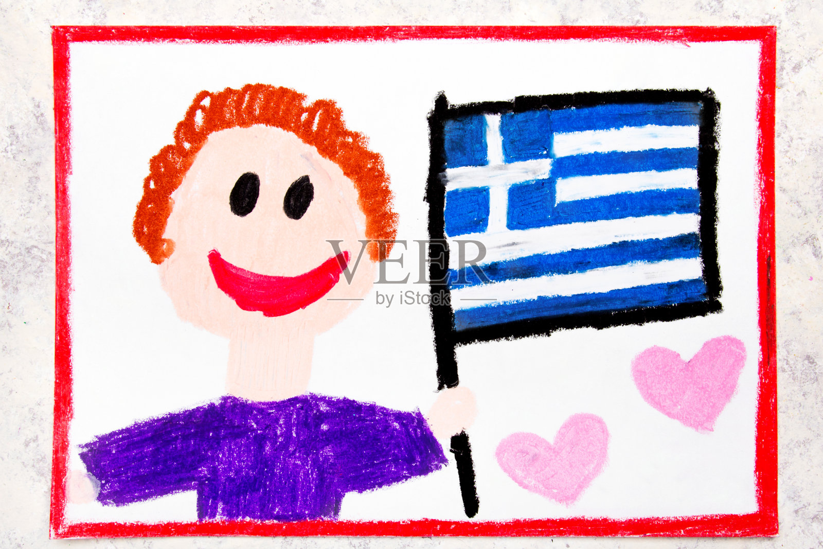 彩绘:快乐的人举着希腊国旗。希腊国旗和微笑的男孩照片摄影图片