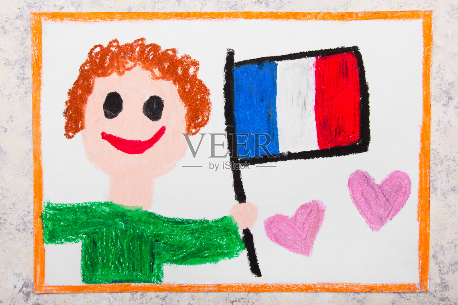彩色图画:快乐的人举着法国国旗。法国国旗和微笑的男孩插画图片素材