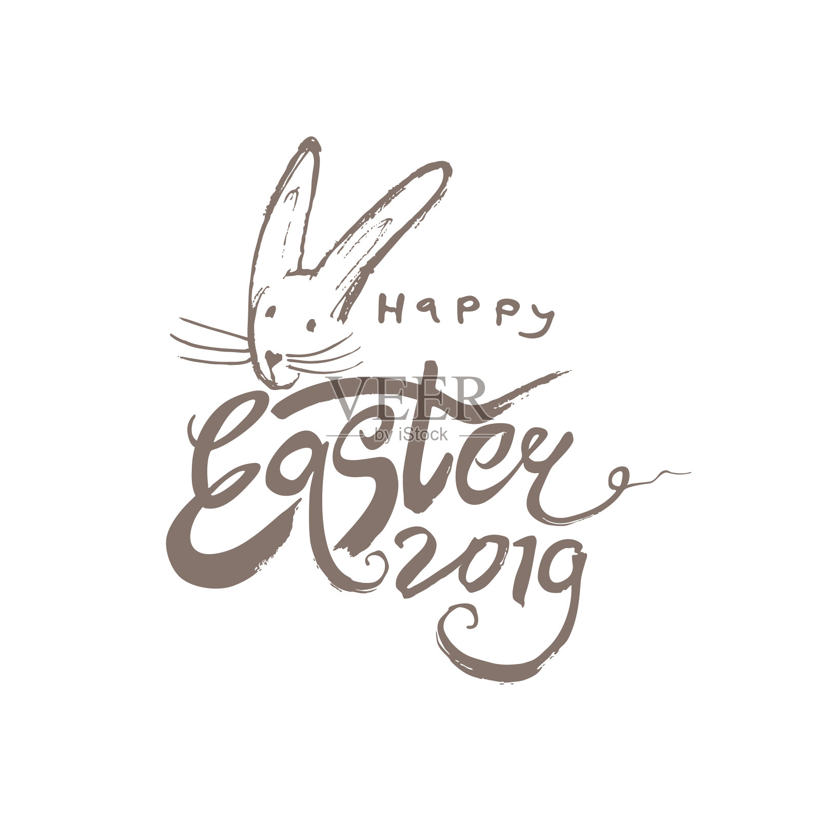 2019年复活节快乐。矢量标志ogo与复活节兔子的肖像干刷画。插画图片素材