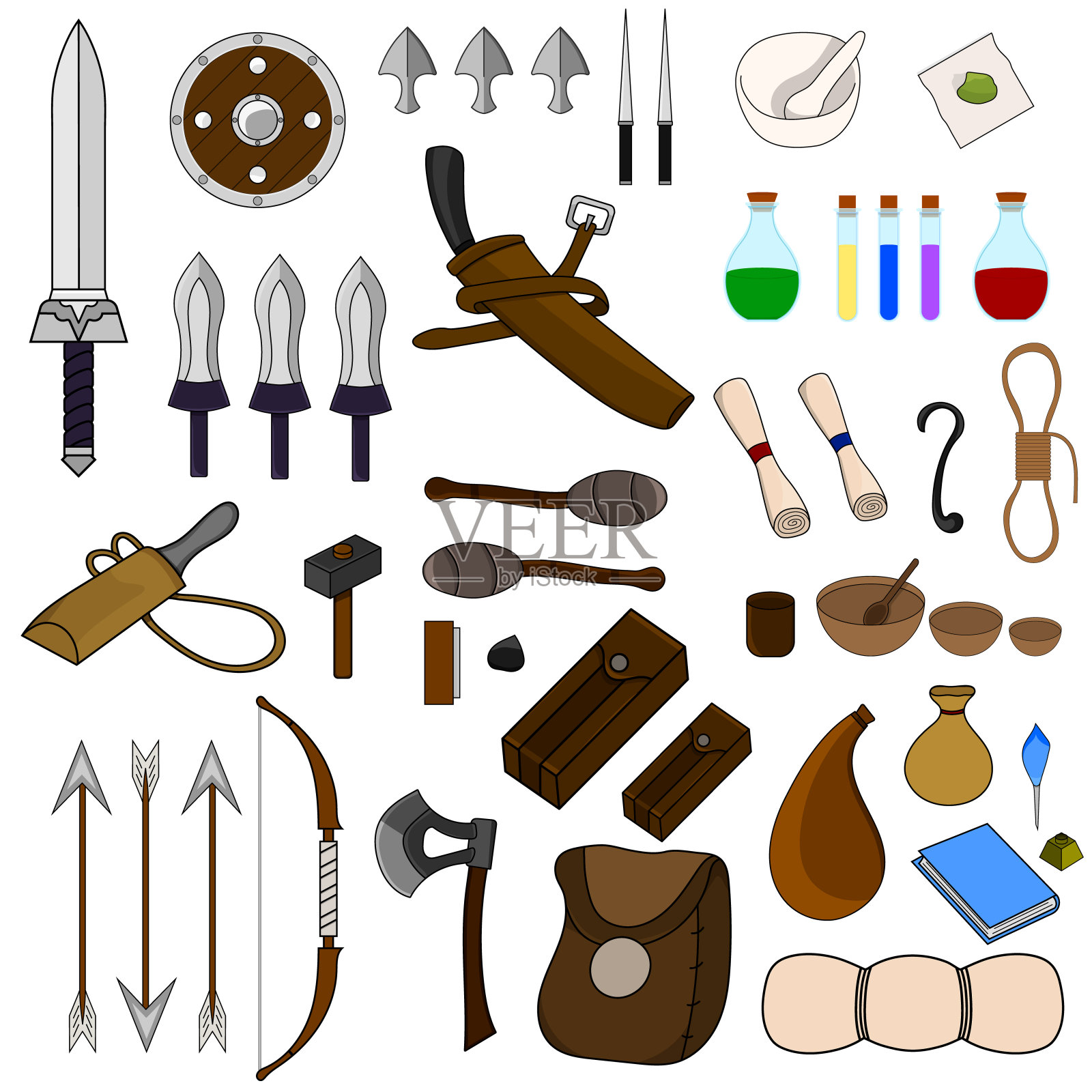 矢量收集46个项目的冒险孤立在白色背景。冒险家设备。中世纪武器，袋子，魔法药水，陶器，火把，弓，卷轴。矢量插图设计，网页，游戏。插画图片素材