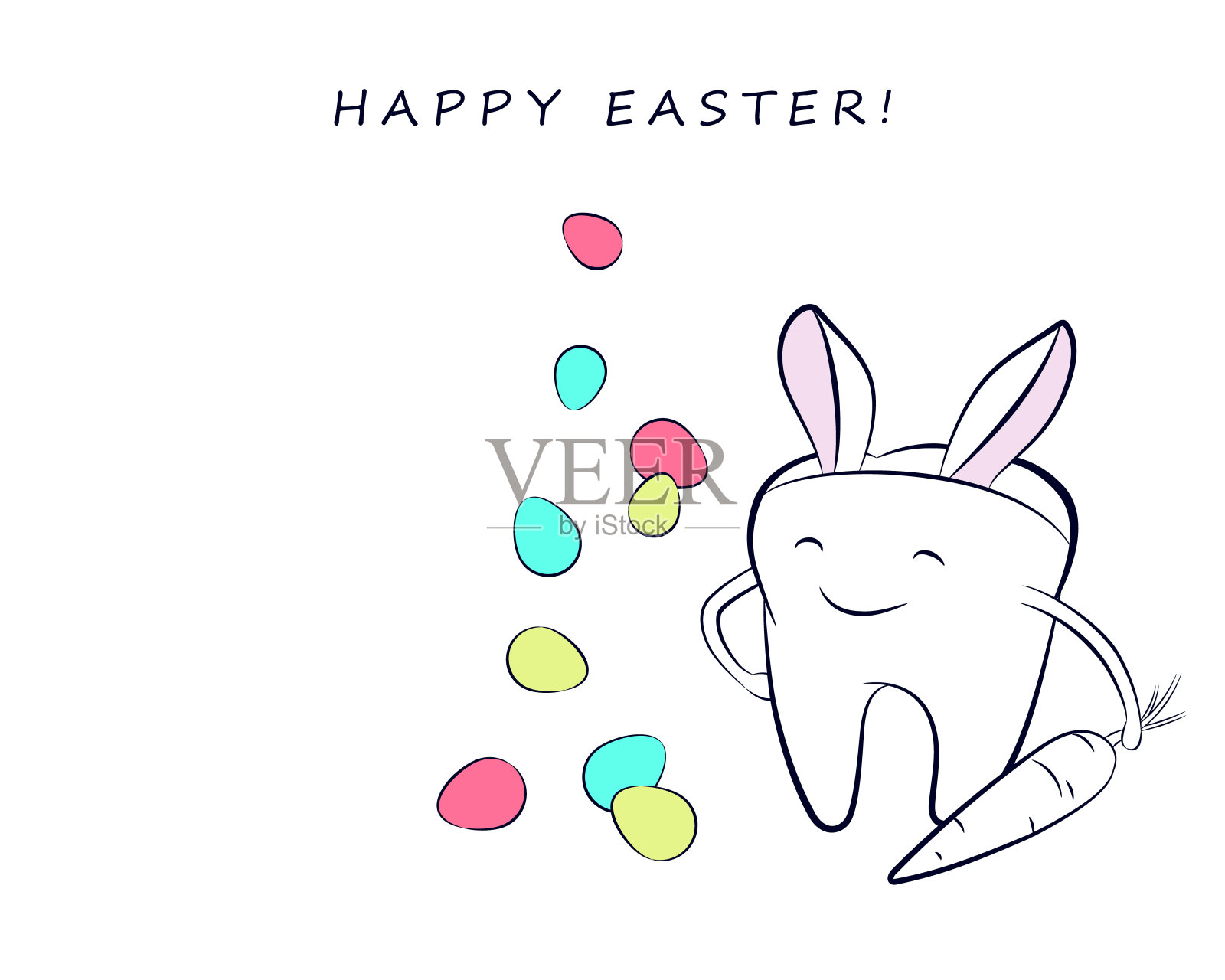 微笑的卡通牙齿与五颜六色的复活节彩蛋和服装与兔子耳朵。牙科矢量复活节插图。插画图片素材