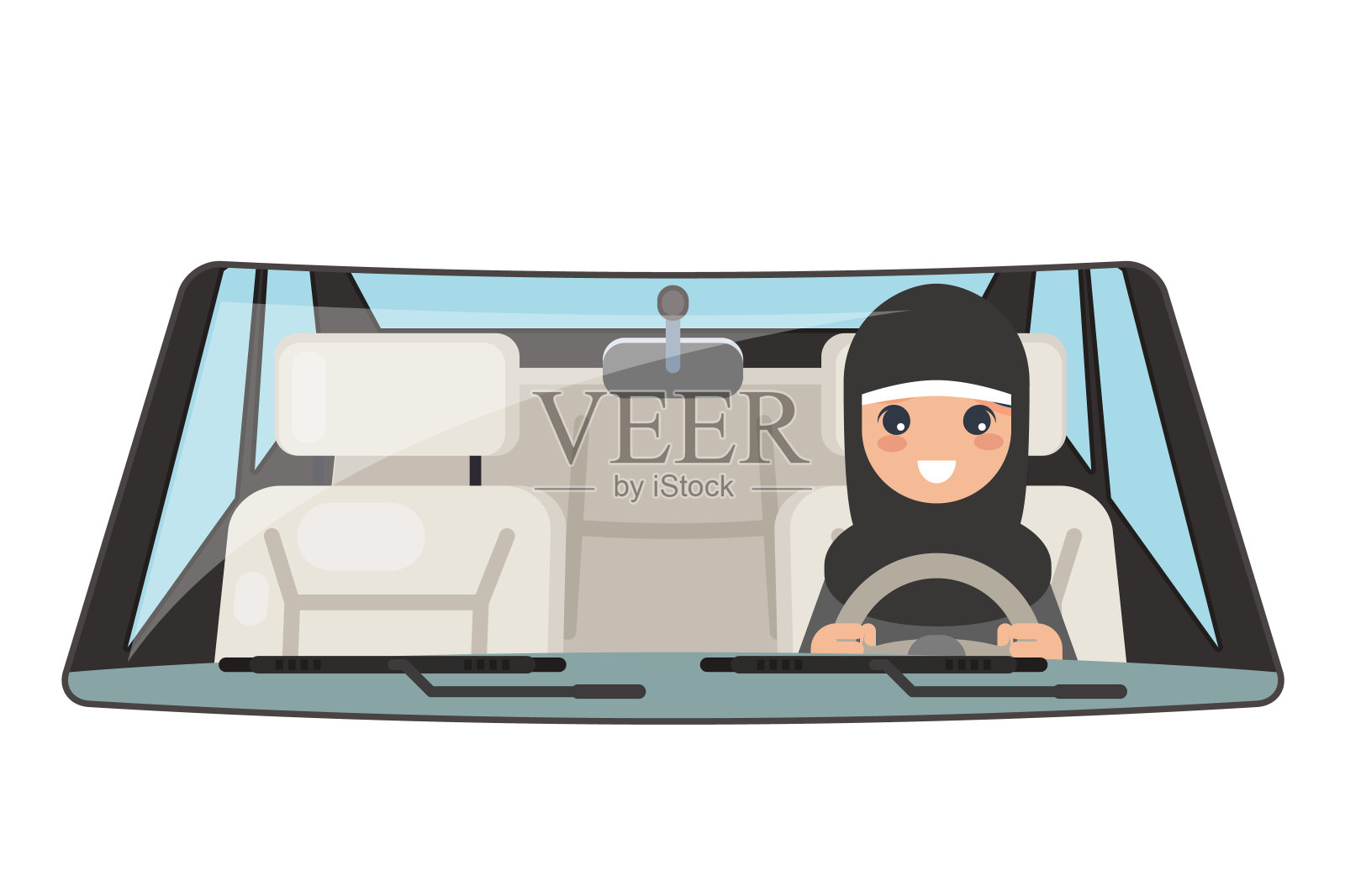 女性阿拉伯驾驶员车辆内饰车轮驾驾驶孤立平面设计矢量插图插画图片素材