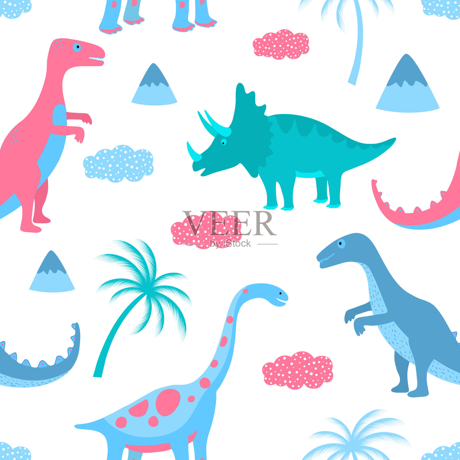 有趣的恐龙，云彩和棕榈树。手绘无缝图案，适用于婴儿，纺织品，儿童服装。插画图片素材