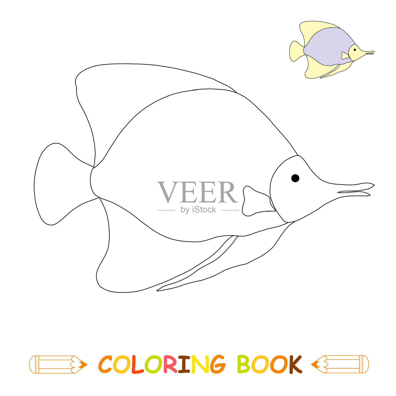 儿童着色页矢量插图，可爱的鱼在单色和彩色版本的儿童插画图片素材
