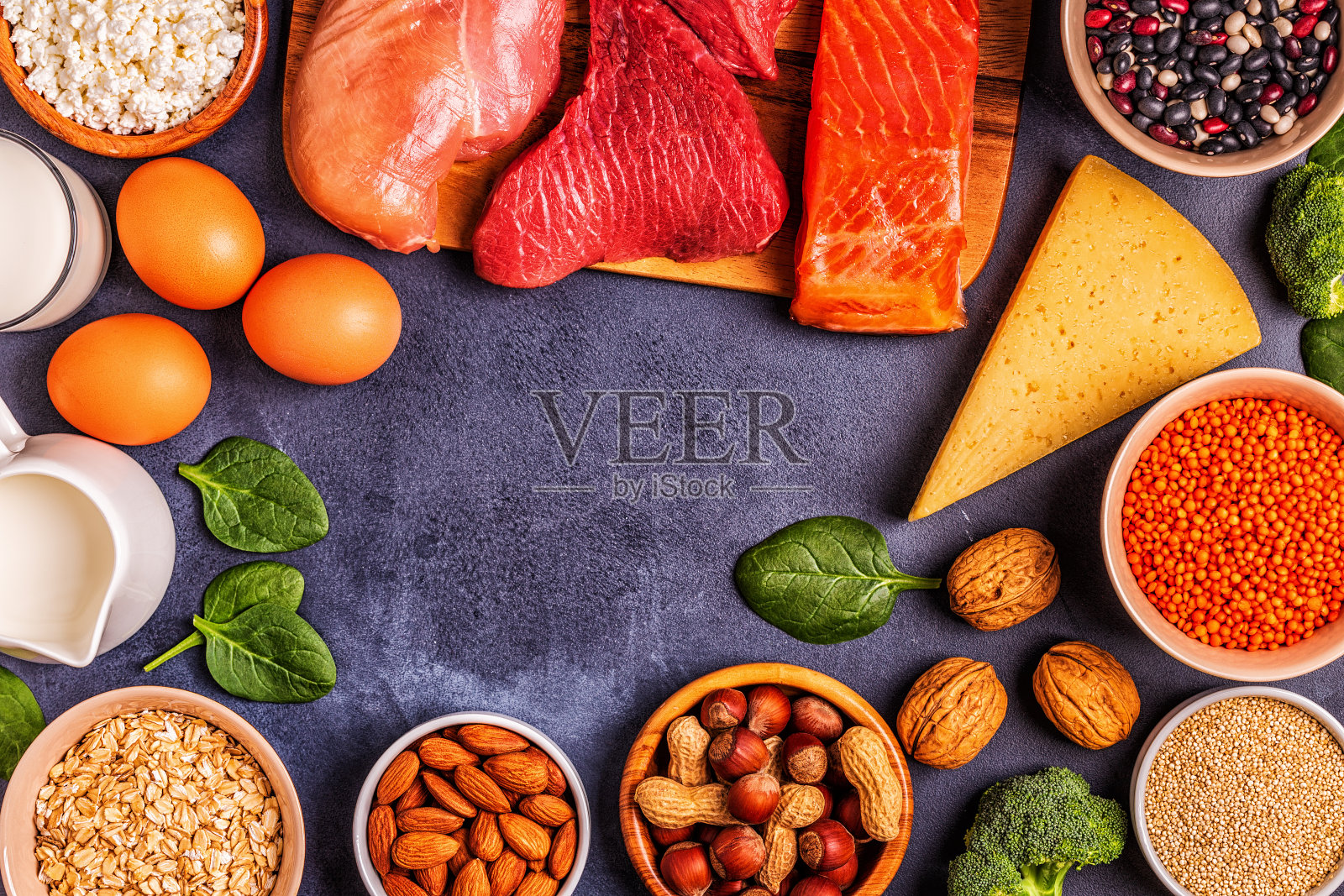 健康蛋白质的来源——肉，鱼，乳制品，坚果，豆类和谷物照片摄影图片