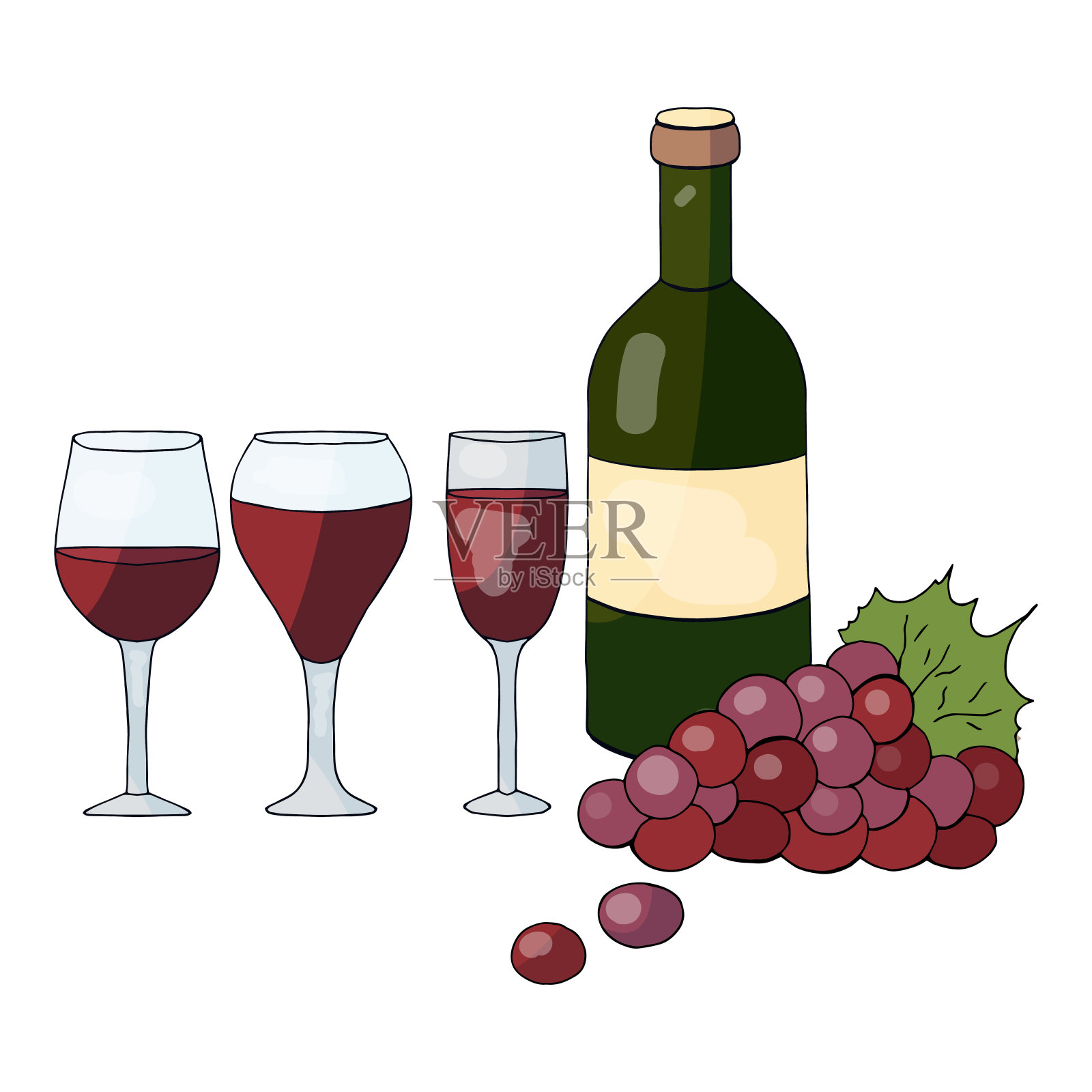 瓶子装葡萄酒，葡萄和酒杯插画图片素材