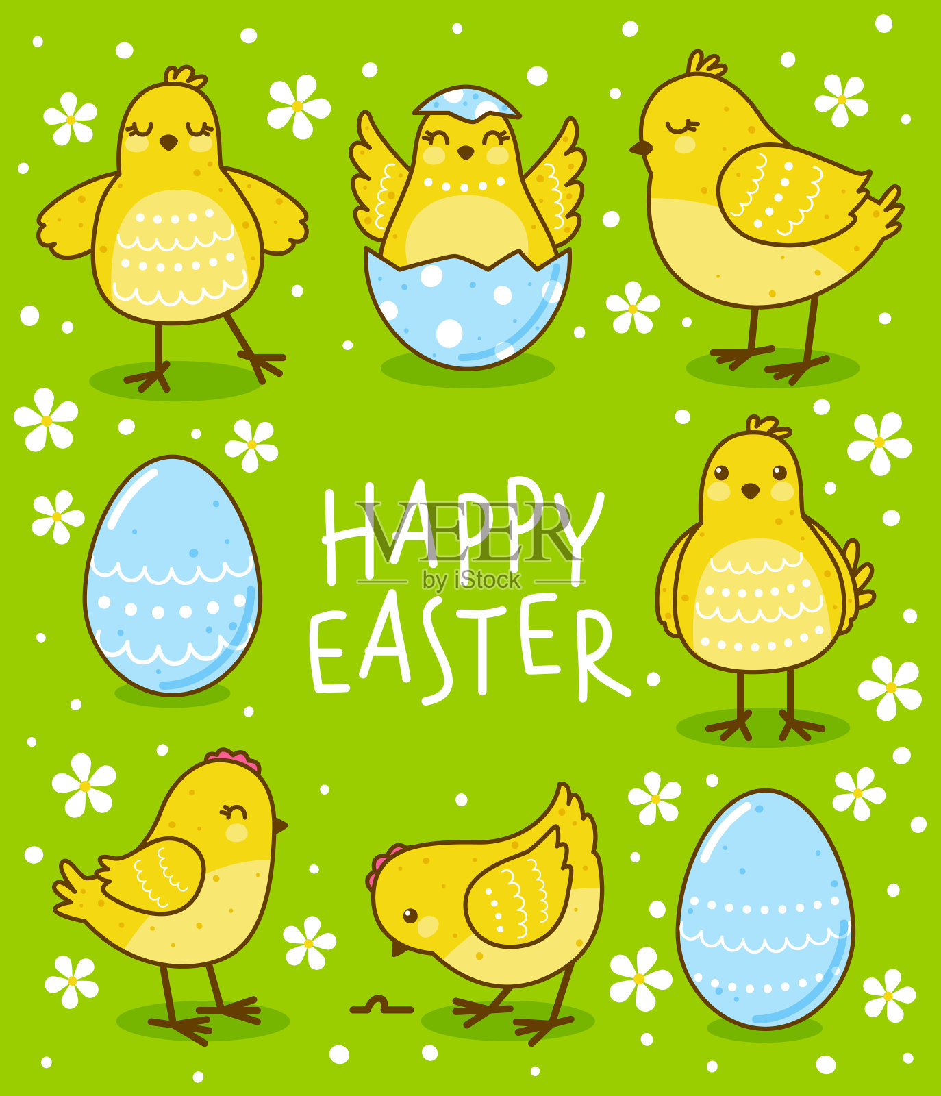 复活节贺卡和可爱的黄色小鸡在绿色插画图片素材