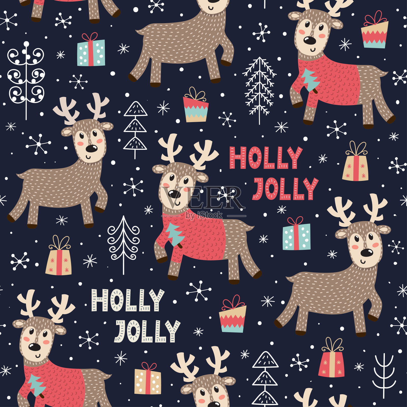 圣诞无缝图案配一只可爱的小鹿插画图片素材