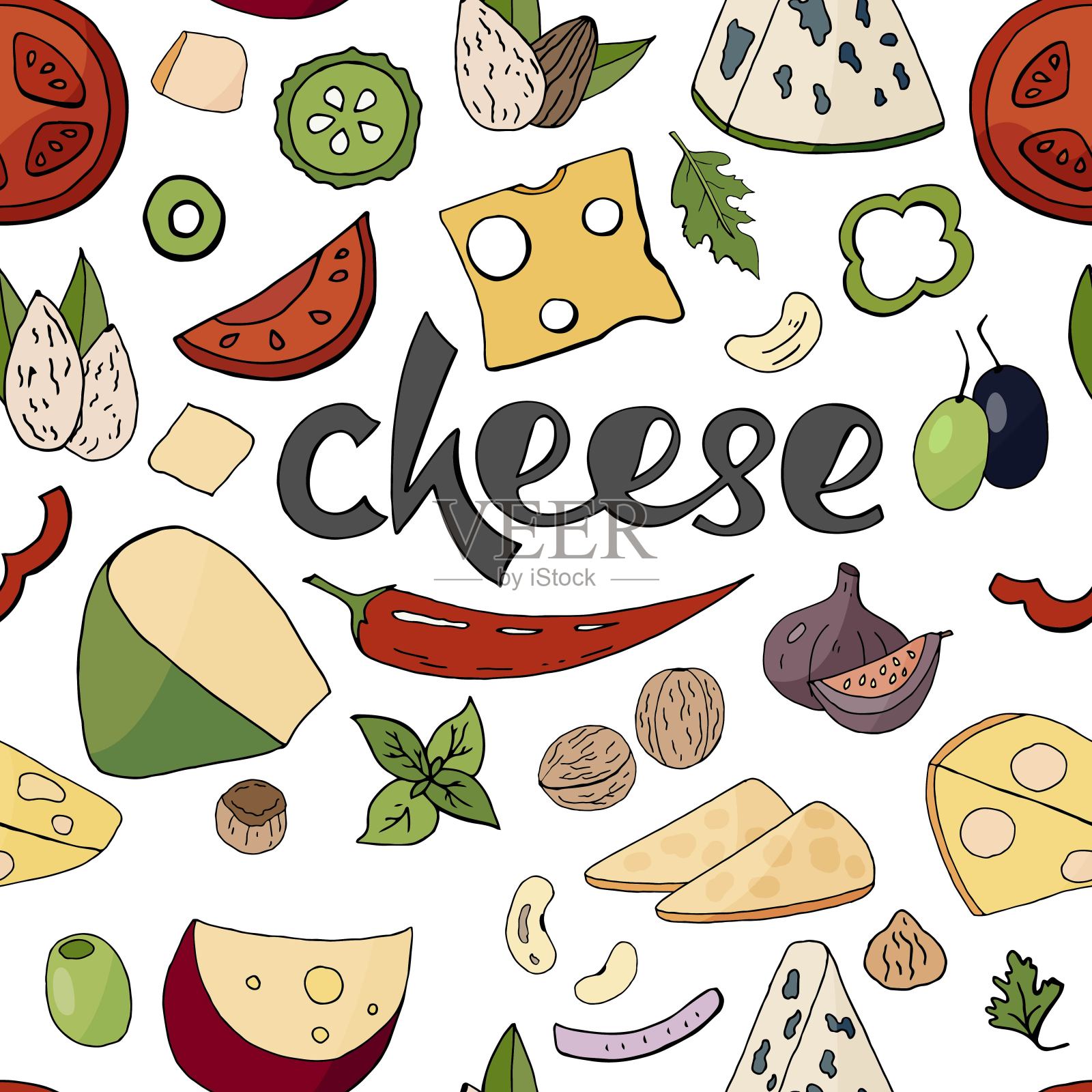 无缝模式与奶酪和蔬菜在白色的背景。不同的奶酪收集插画图片素材