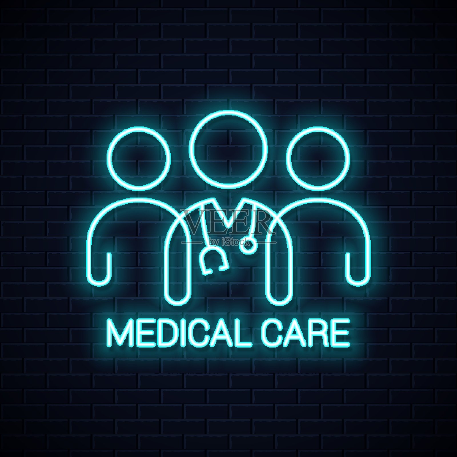 博士团队霓虹图标。医疗保健霓虹灯概念的墙壁背景插画图片素材