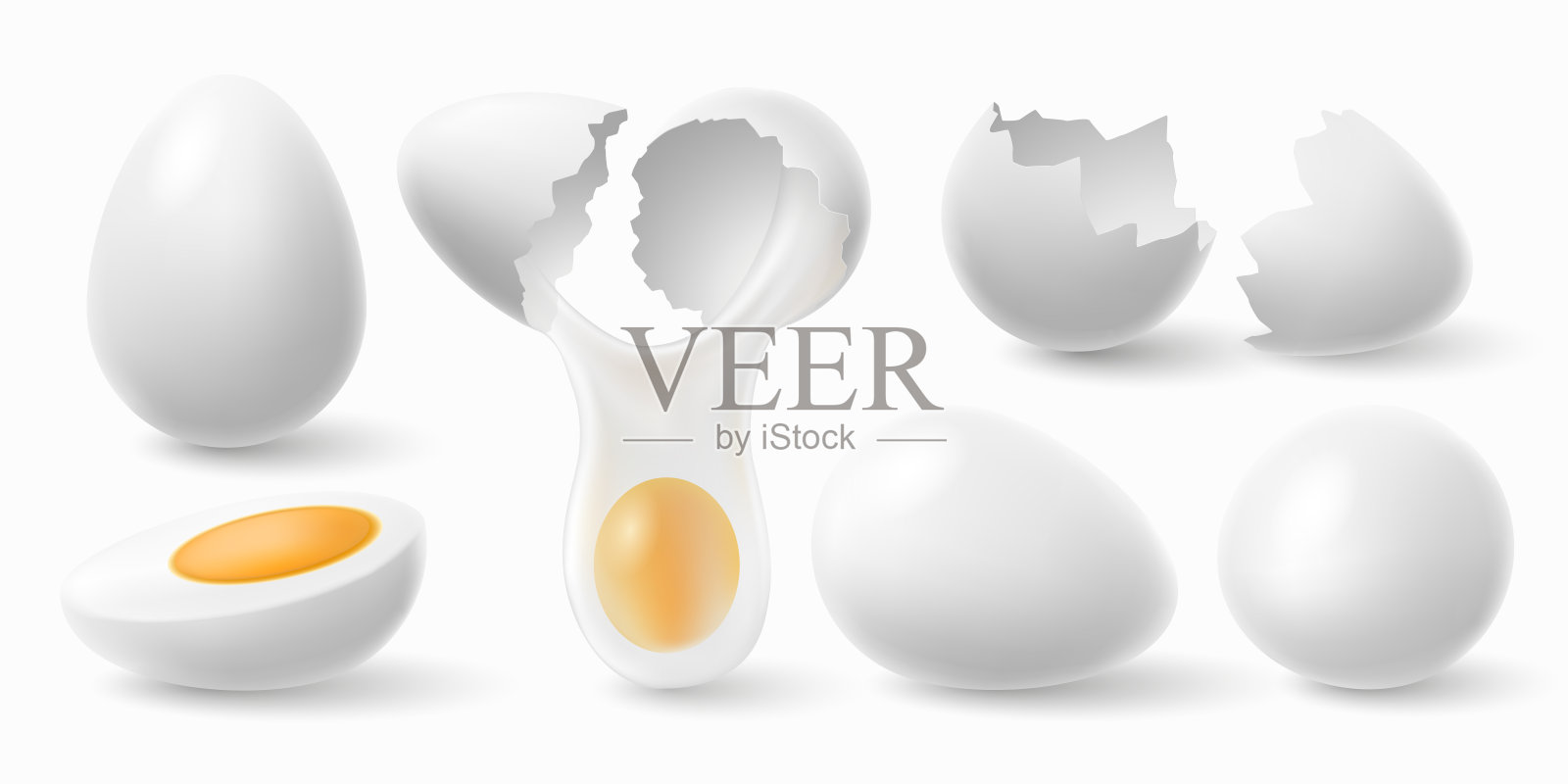 鸡蛋。白色复活节蛋，破蛋壳和煮鸡蛋3d现实向量插图集插画图片素材
