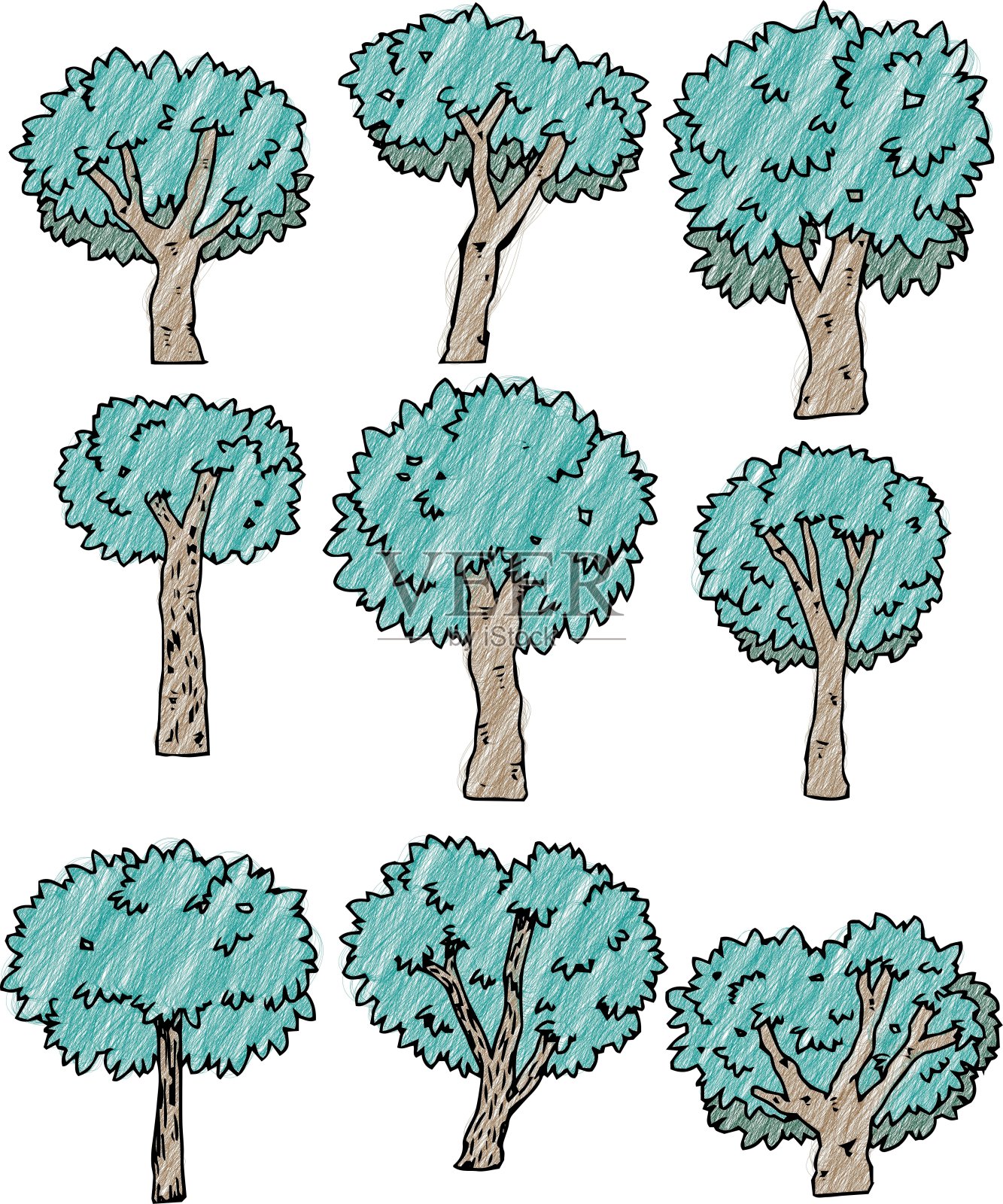 彩色铅笔写生树集插画图片素材