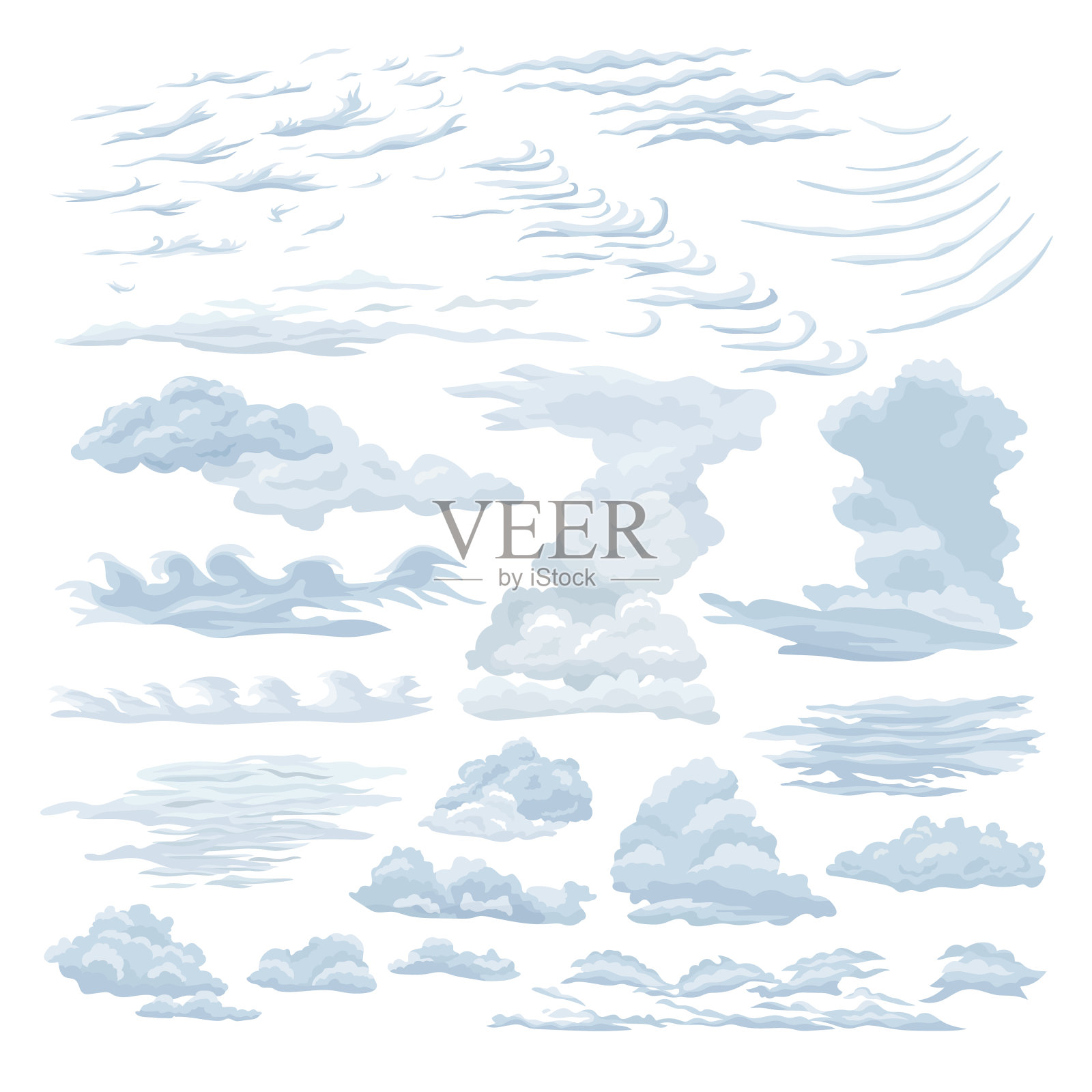 一组蒸汽云。波浪形、稀疏的积云、卷云、层云。插画图片素材