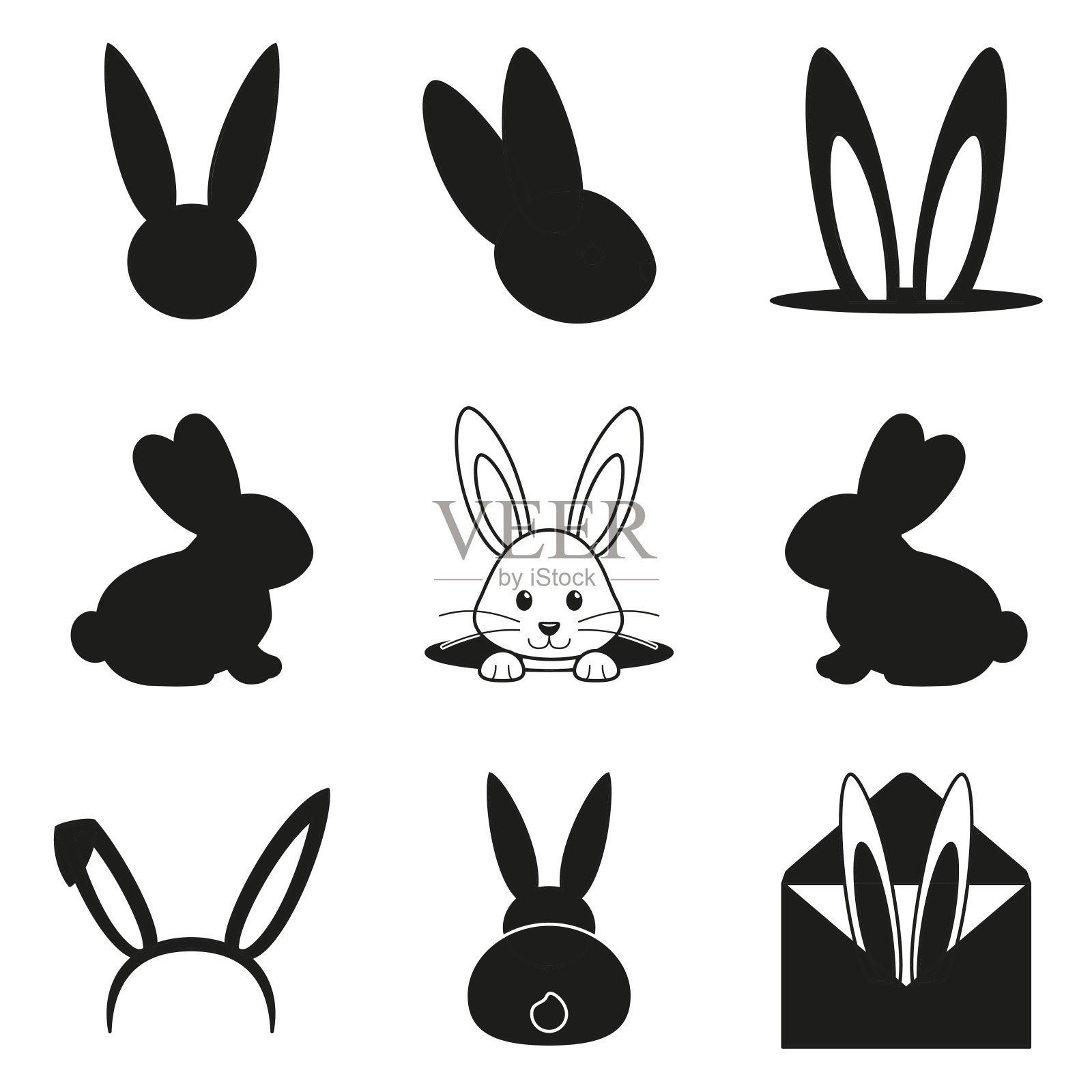 黑色和白色复活节兔子剪影集插画图片素材