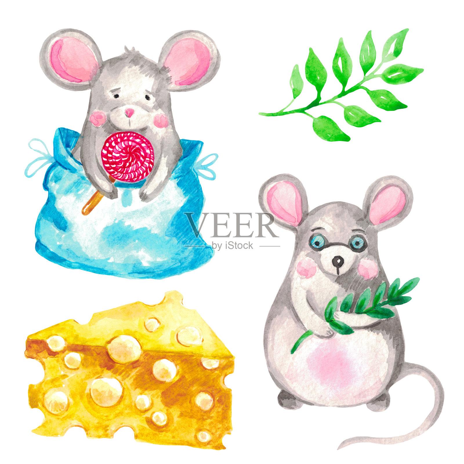 水彩插图的一组动物老鼠在一个白色孤立的背景额外的元素绿色的树枝和一块奶酪插画图片素材