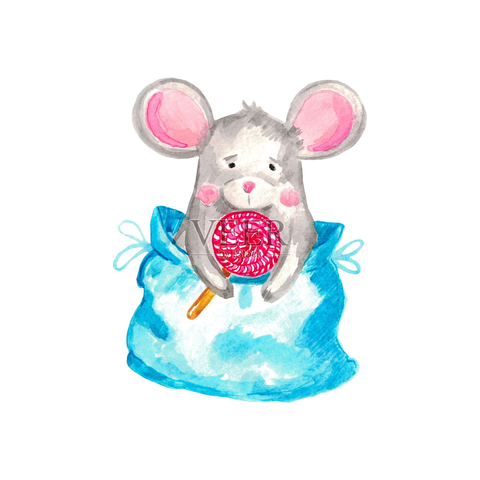 在白色孤立的背景上的灰色老鼠的水彩插图插画图片素材