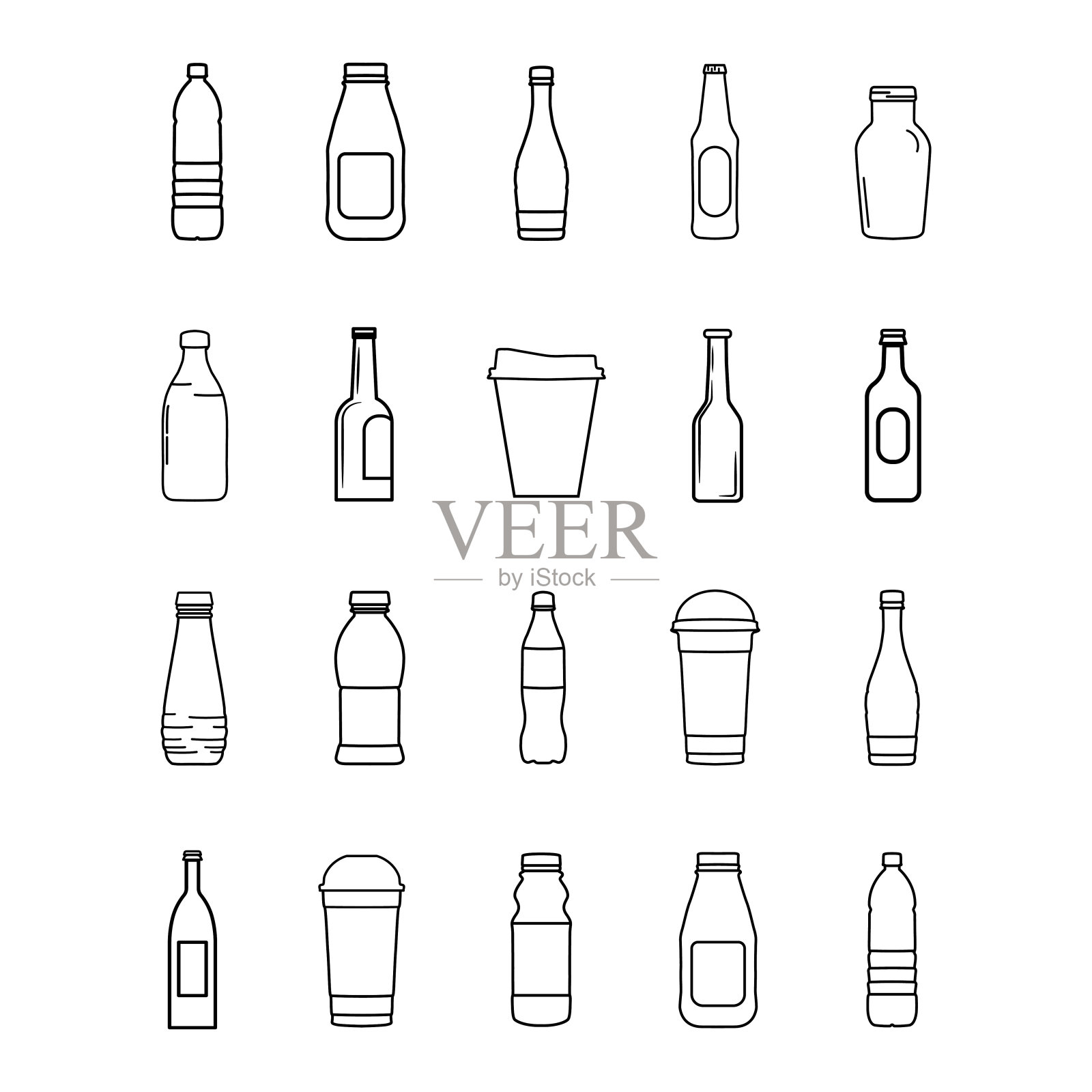一组瓶子线图标在白色的背景-向量插图。插画图片素材